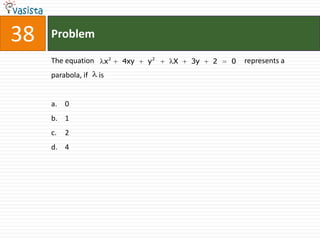 38   Problem

     The equation        x2   4xy   y2   X   3y   2   0   represents a
     parabola, if   is


     a. 0
     b. 1
     c.   2
     d. 4
 