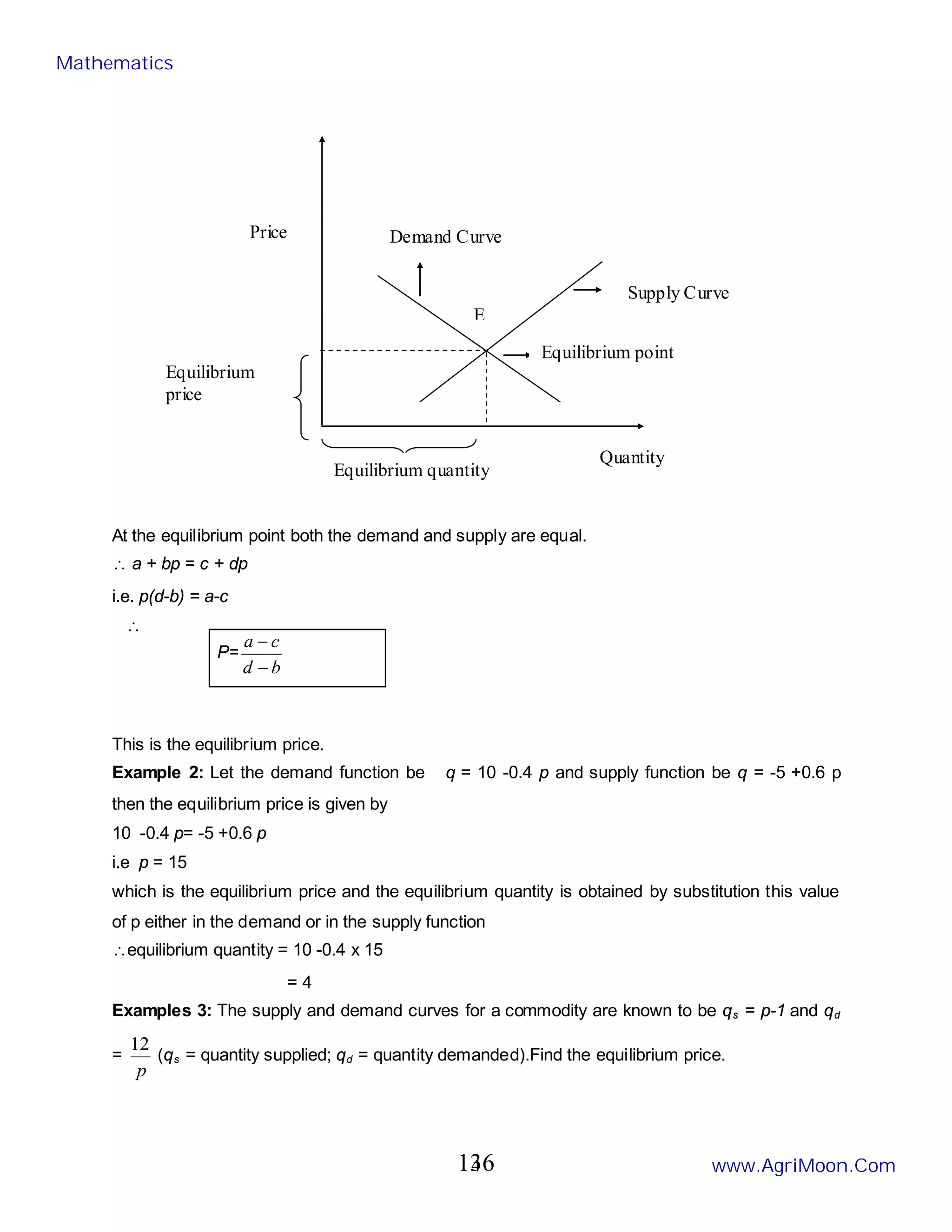 4
At the equilibrium point both the demand and supply are equal.
∴ a + bp = c + dp
i.e. p(d-b) = a-c
∴
P=
b
d
c
a
−
−
This is the equilibrium price.
Example 2: Let the demand function be q = 10 -0.4 p and supply function be q = -5 +0.6 p
then the equilibrium price is given by
10 -0.4 p= -5 +0.6 p
i.e p = 15
which is the equilibrium price and the equilibrium quantity is obtained by substitution this value
of p either in the demand or in the supply function
∴equilibrium quantity = 10 -0.4 x 15
= 4
Examples 3: The supply and demand curves for a commodity are known to be qs = p-1 and qd
=
p
12
(qs = quantity supplied; qd = quantity demanded).Find the equilibrium price.
Demand Curve
Supply Curve
Equilibrium
price
Equilibrium quantity
Equilibrium point
Quantity
Price
E
Mathematics
www.AgriMoon.Com
136
 