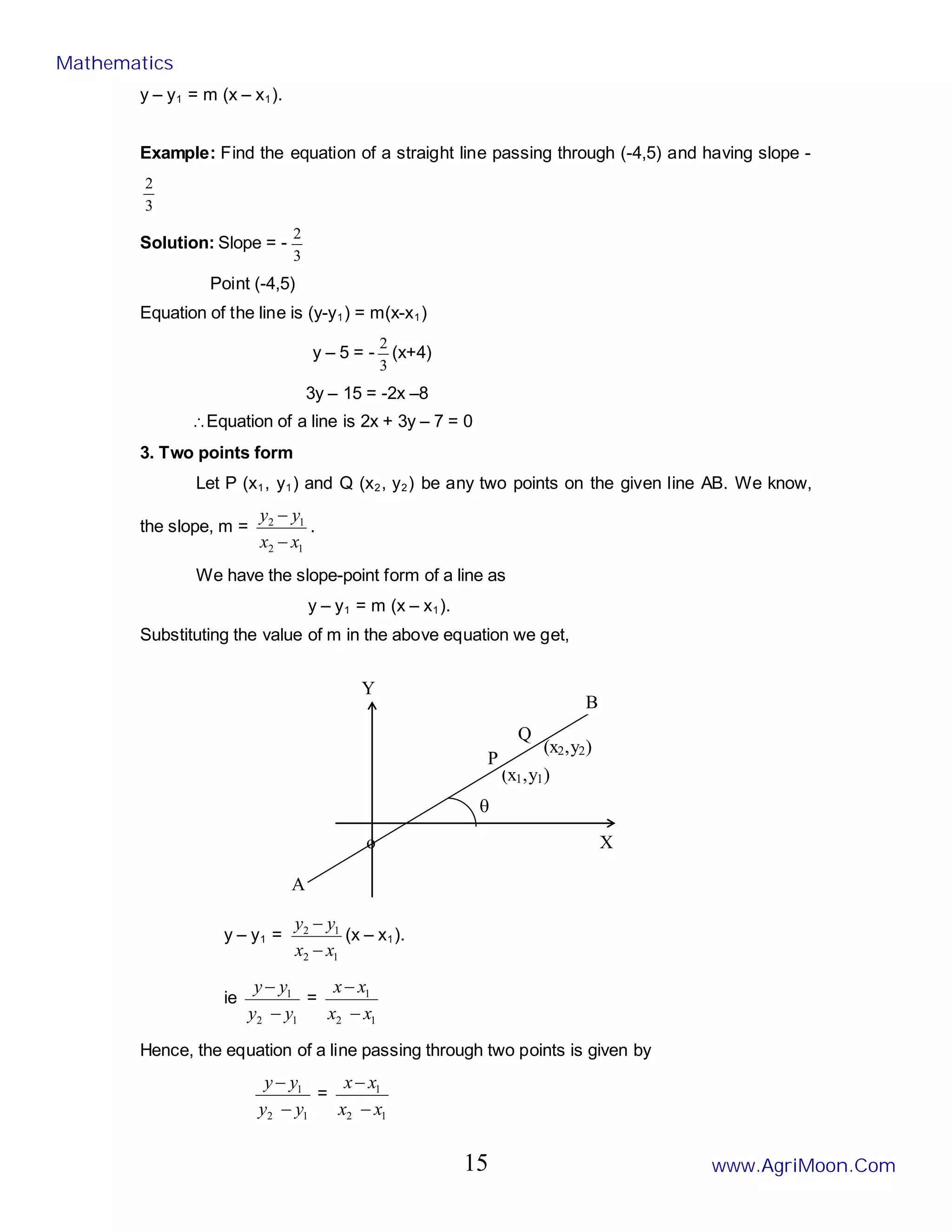y – y1 = m (x – x1).
Example: Find the equation of a straight line passing through (-4,5) and having slope -
3
2
Solution: Slope = -
3
2
Point (-4,5)
Equation of the line is (y-y1) = m(x-x1)
y – 5 = -
3
2
(x+4)
3y – 15 = -2x –8
∴Equation of a line is 2x + 3y – 7 = 0
3. Two points form
Let P (x1, y1) and Q (x2, y2) be any two points on the given line AB. We know,
the slope, m =
1
2
1
2
x
x
y
y
−
−
.
We have the slope-point form of a line as
y – y1 = m (x – x1).
Substituting the value of m in the above equation we get,
y – y1 =
1
2
1
2
x
x
y
y
−
−
(x – x1).
ie
1
2
1
y
y
y
y
−
−
=
1
2
1
x
x
x
x
−
−
Hence, the equation of a line passing through two points is given by
1
2
1
y
y
y
y
−
−
=
1
2
1
x
x
x
x
−
−
o
A
Q
(x2,y2)
θ
(x1,y1)
P
Y
X
B
Mathematics
www.AgriMoon.Com
15
 