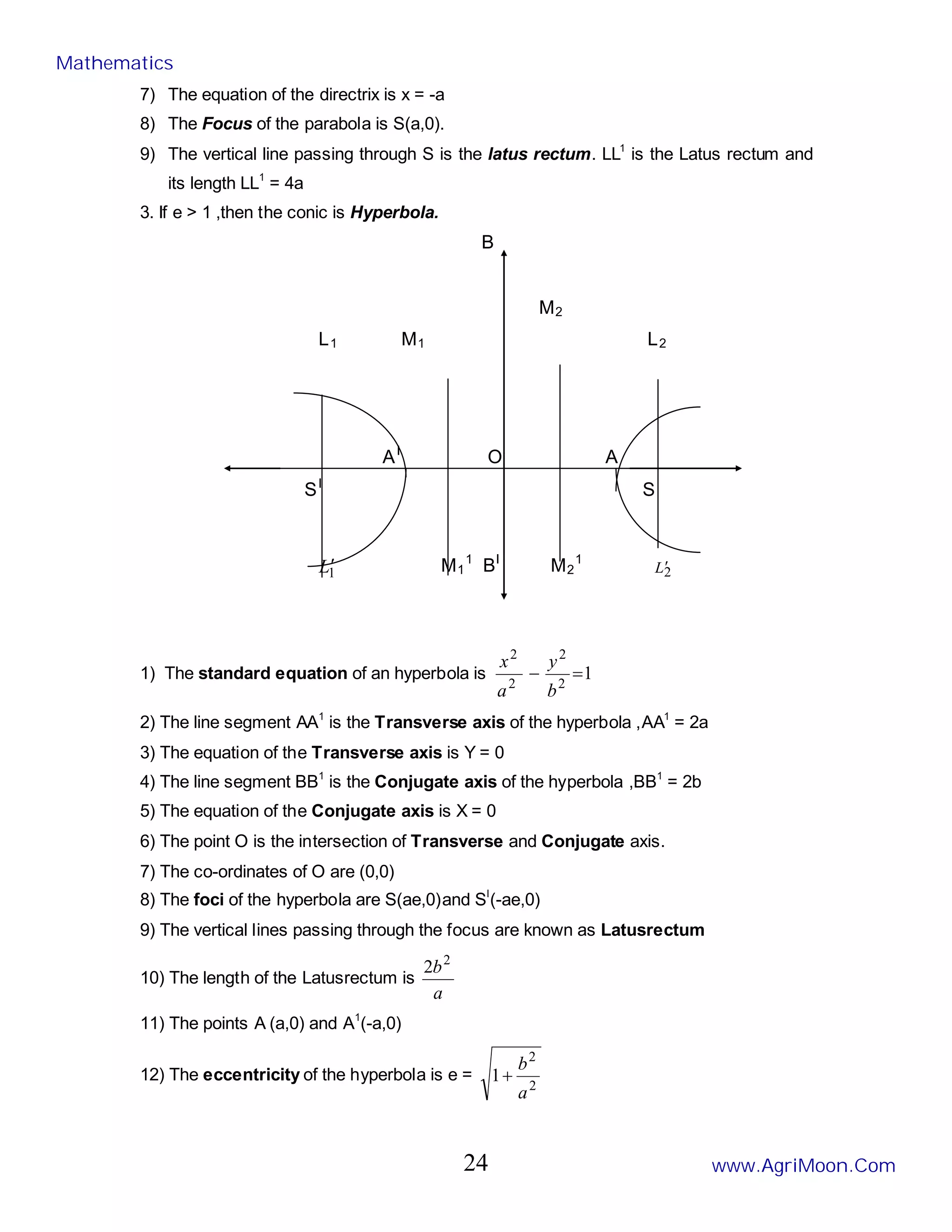7) The equation of the directrix is x = -a
8) The Focus of the parabola is S(a,0).
9) The vertical line passing through S is the latus rectum. LL1
is the Latus rectum and
its length LL1
= 4a
3. If e > 1 ,then the conic is Hyperbola.
B
M2
L1 M1 L2
AI
O A
SI
S
1
L′ M1
1
BI
M2
1
2
L′
1) The standard equation of an hyperbola is 1
2
2
2
2
=
−
b
y
a
x
2) The line segment AA1
is the Transverse axis of the hyperbola ,AA1
= 2a
3) The equation of the Transverse axis is Y = 0
4) The line segment BB1
is the Conjugate axis of the hyperbola ,BB1
= 2b
5) The equation of the Conjugate axis is X = 0
6) The point O is the intersection of Transverse and Conjugate axis.
7) The co-ordinates of O are (0,0)
8) The foci of the hyperbola are S(ae,0)and SI
(-ae,0)
9) The vertical lines passing through the focus are known as Latusrectum
10) The length of the Latusrectum is
a
b2
2
11) The points A (a,0) and A1
(-a,0)
12) The eccentricity of the hyperbola is e =
2
2
1
a
b
+
Mathematics
www.AgriMoon.Com
24
 