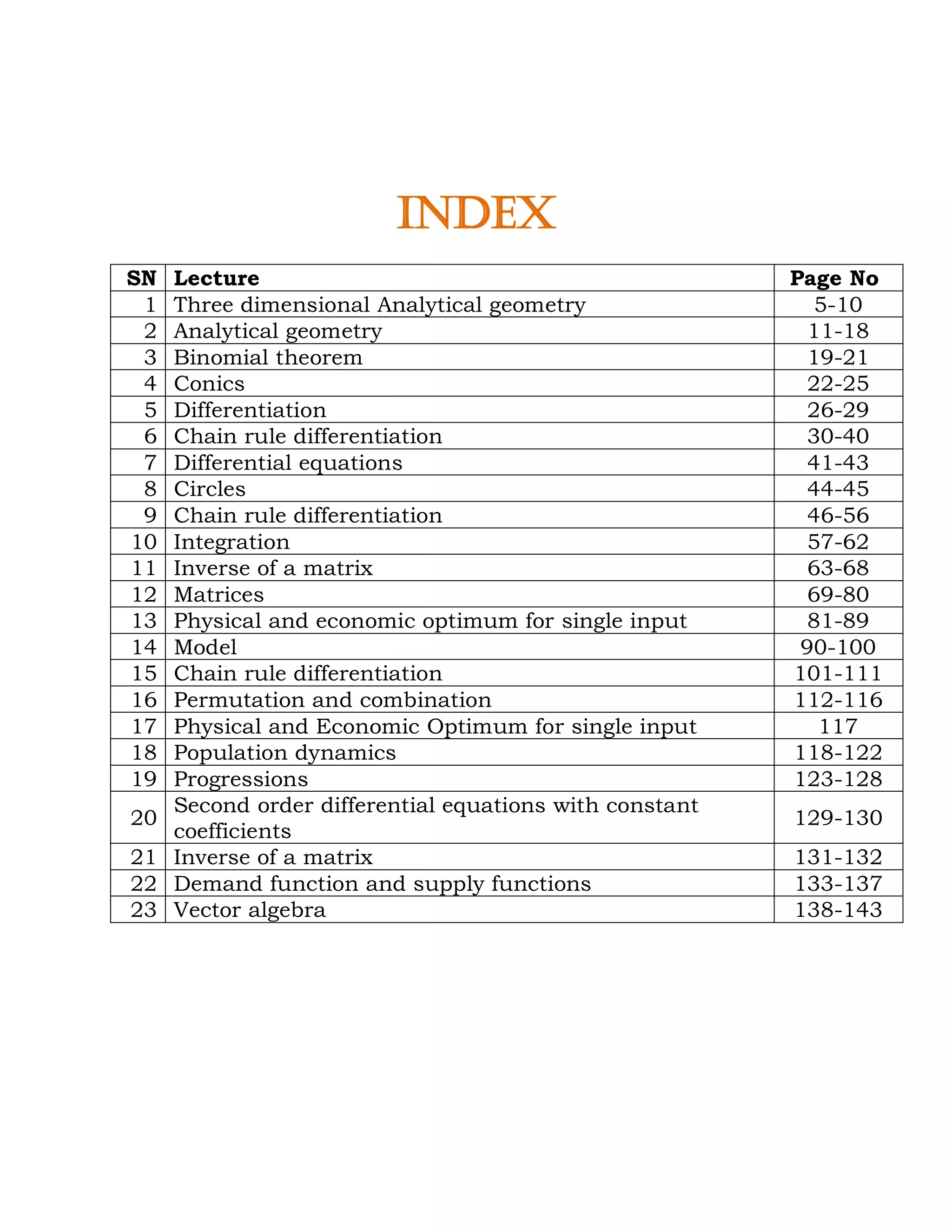 Index
SN Lecture Page No
1 Three dimensional Analytical geometry 5-10
2 Analytical geometry 11-18
3 Binomial theorem 19-21
4 Conics 22-25
5 Differentiation 26-29
6 Chain rule differentiation 30-40
7 Differential equations 41-43
8 Circles 44-45
9 Chain rule differentiation 46-56
10 Integration 57-62
11 Inverse of a matrix 63-68
12 Matrices 69-80
13 Physical and economic optimum for single input 81-89
14 Model 90-100
15 Chain rule differentiation 101-111
16 Permutation and combination 112-116
17 Physical and Economic Optimum for single input 117
18 Population dynamics 118-122
19 Progressions 123-128
20
Second order differential equations with constant
coefficients
129-130
21 Inverse of a matrix 131-132
22 Demand function and supply functions 133-137
23 Vector algebra 138-143
 