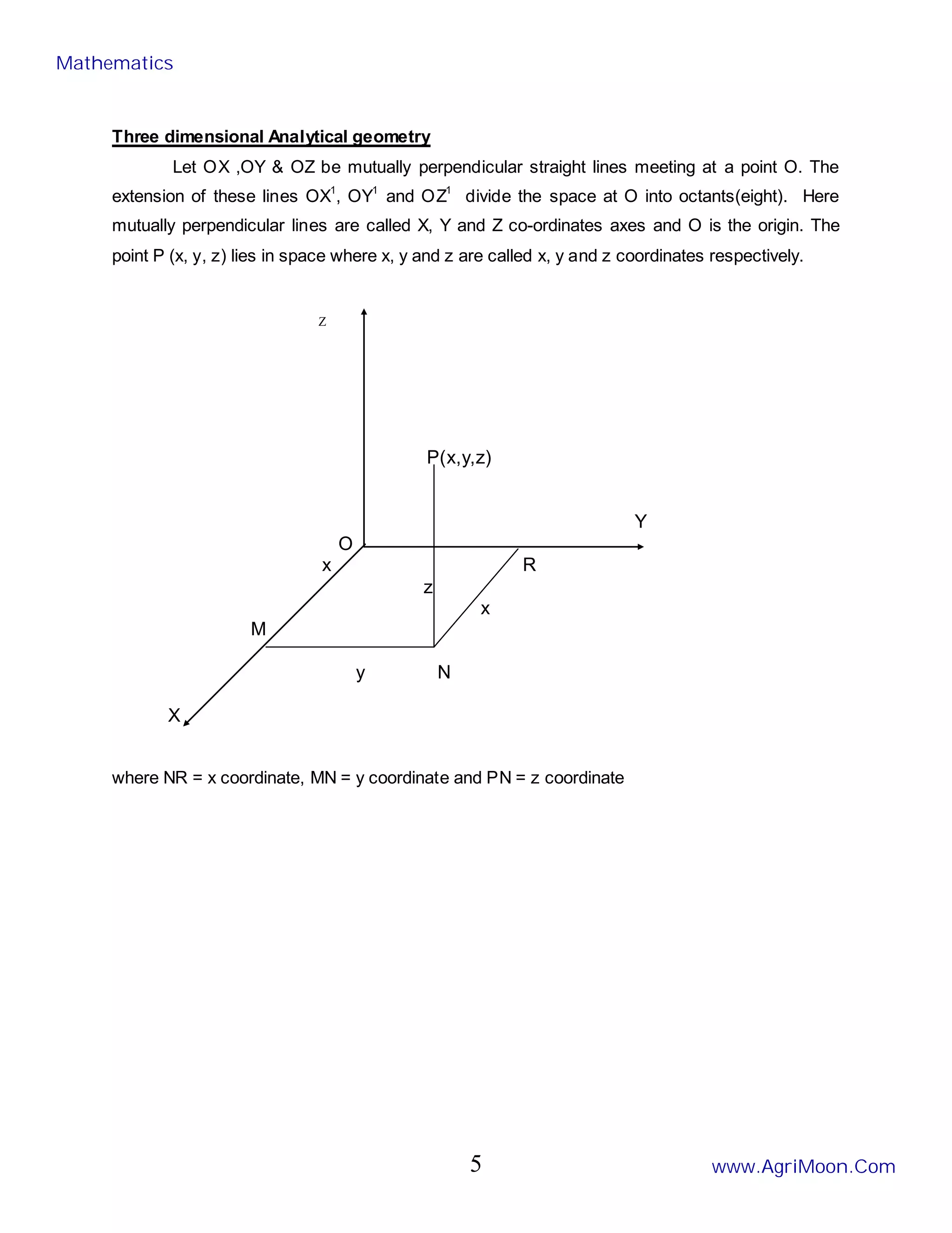 Three dimensional Analytical geometry
Let OX ,OY & OZ be mutually perpendicular straight lines meeting at a point O. The
extension of these lines OX1
, OY1
and OZ1
divide the space at O into octants(eight). Here
mutually perpendicular lines are called X, Y and Z co-ordinates axes and O is the origin. The
point P (x, y, z) lies in space where x, y and z are called x, y and z coordinates respectively.
Z
P(x,y,z)
Y
O
x R
z
x
M
y N
X
where NR = x coordinate, MN = y coordinate and PN = z coordinate
Mathematics
www.AgriMoon.Com
5
 