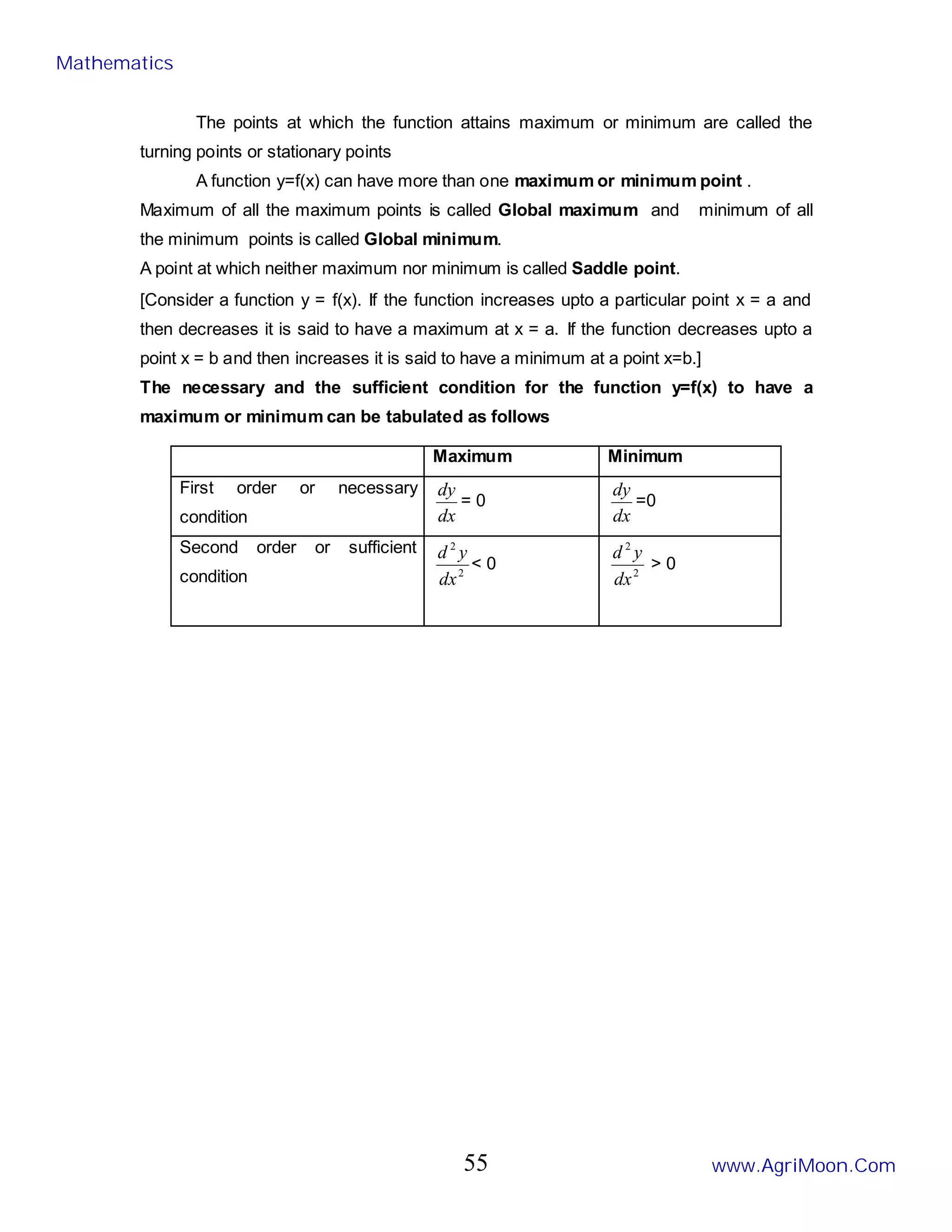 The points at which the function attains maximum or minimum are called the
turning points or stationary points
A function y=f(x) can have more than one maximum or minimum point .
Maximum of all the maximum points is called Global maximum and minimum of all
the minimum points is called Global minimum.
A point at which neither maximum nor minimum is called Saddle point.
[Consider a function y = f(x). If the function increases upto a particular point x = a and
then decreases it is said to have a maximum at x = a. If the function decreases upto a
point x = b and then increases it is said to have a minimum at a point x=b.]
The necessary and the sufficient condition for the function y=f(x) to have a
maximum or minimum can be tabulated as follows
Maximum Minimum
First order or necessary
condition dx
dy
= 0
dx
dy
=0
Second order or sufficient
condition 2
2
dx
y
d
< 0 2
2
dx
y
d
> 0
Mathematics
www.AgriMoon.Com
55
 