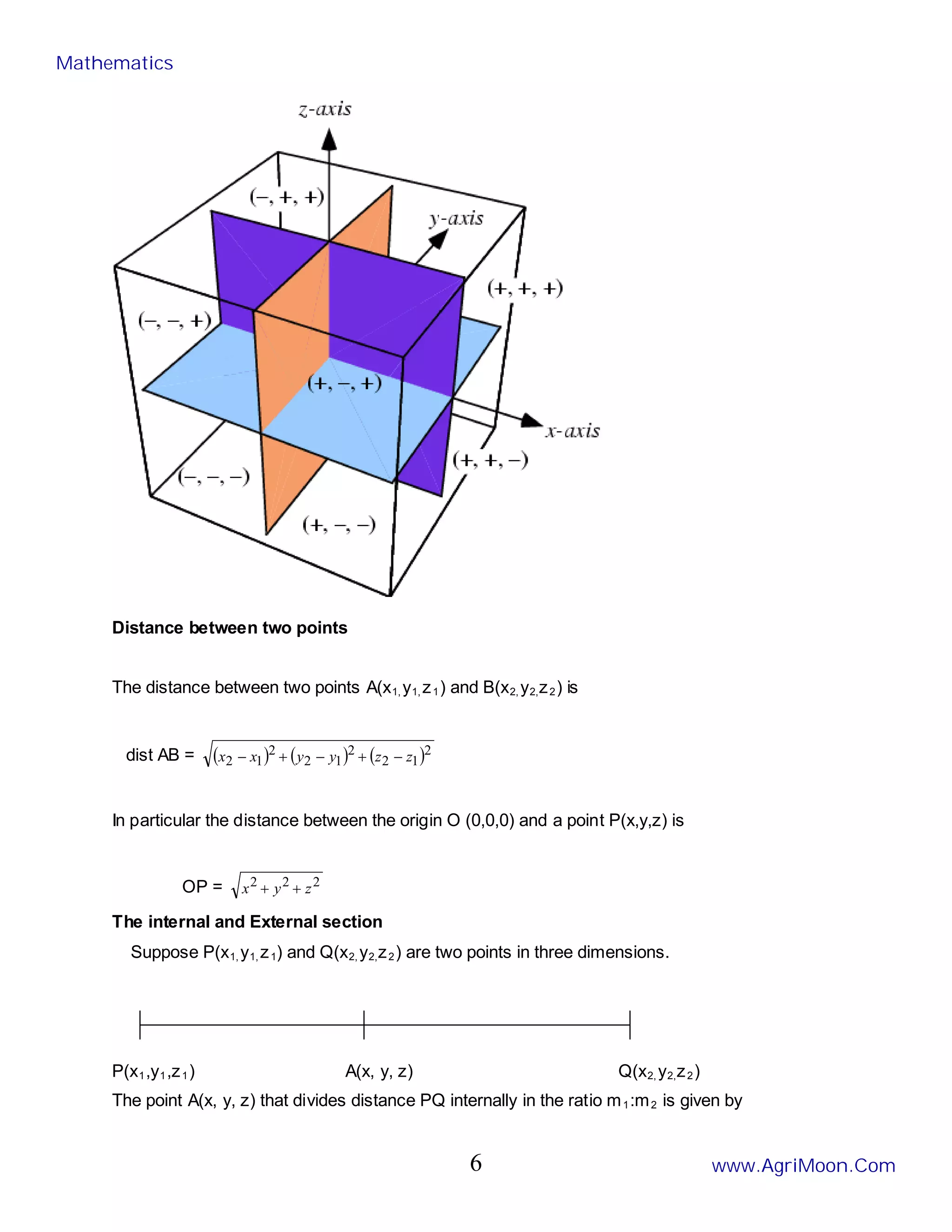 Distance between two points
The distance between two points A(x1, y1, z1) and B(x2, y2,z2) is
dist AB = ( ) ( ) ( )2
1
2
2
1
2
2
1
2 z
z
y
y
x
x −
+
−
+
−
In particular the distance between the origin O (0,0,0) and a point P(x,y,z) is
OP = 2
2
2
z
y
x +
+
The internal and External section
Suppose P(x1, y1, z1) and Q(x2, y2,z2) are two points in three dimensions.
P(x1,y1,z1) A(x, y, z) Q(x2, y2,z2)
The point A(x, y, z) that divides distance PQ internally in the ratio m1:m2 is given by
Mathematics
www.AgriMoon.Com
6
 