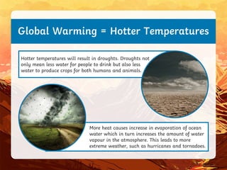 More heat causes increase in evaporation of ocean
water which in turn increases the amount of water
vapour in the atmosphere. This leads to more
extreme weather, such as hurricanes and tornadoes.
Hotter temperatures will result in droughts. Droughts not
only mean less water for people to drink but also less
water to produce crops for both humans and animals.
Global Warming = Hotter Temperatures
 