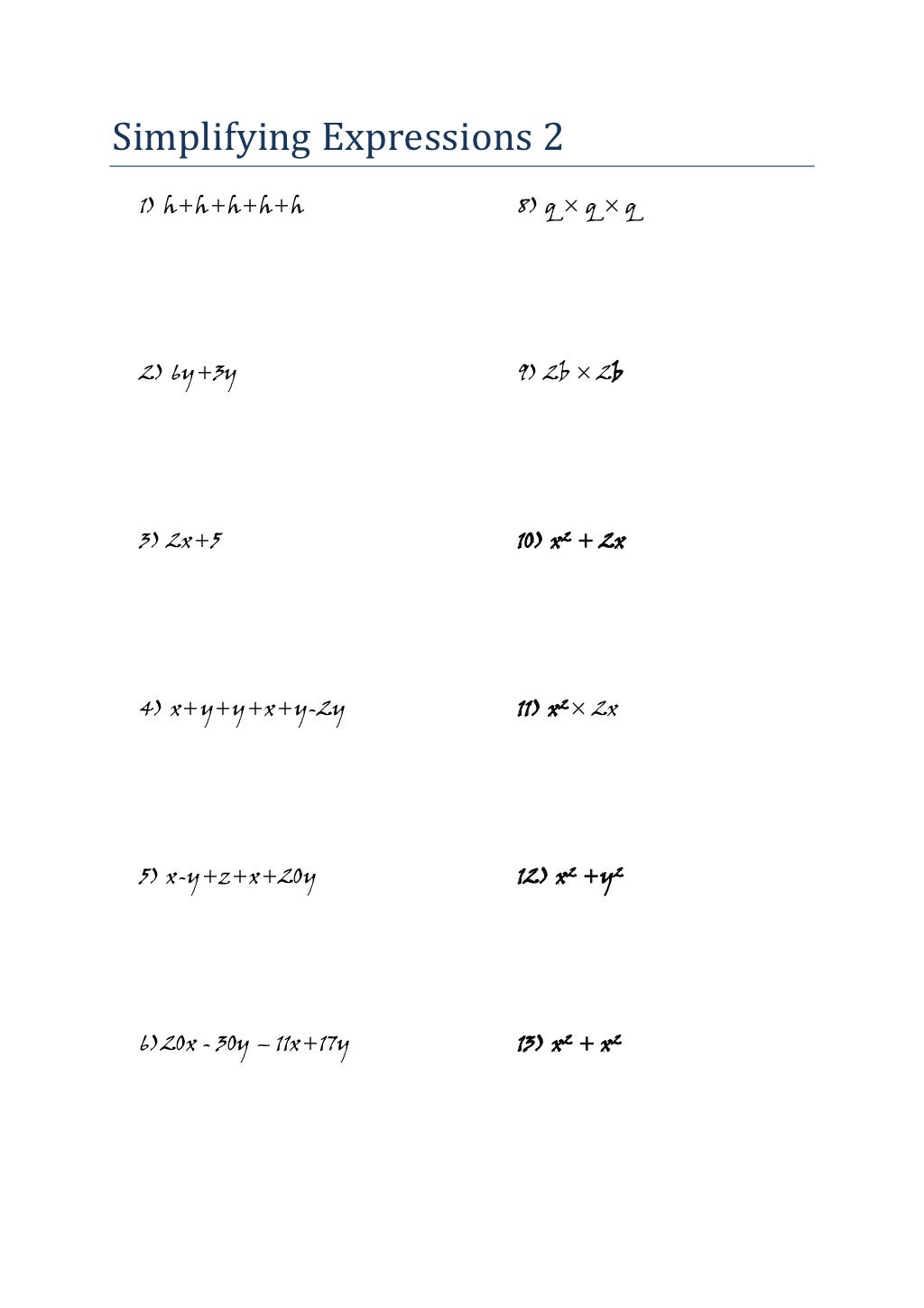 Mathematics - Algebra - Worksheet - Simplifying Expressions 2 (jw)