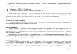 Page 10 of 68
Harden and Stamper (1999) present the following features of a curriculum that incorporates a developmental sequence of
concepts:
• topics are revisited;
• there are increasing levels of difficulty;
• new learning is related to previous learning;
• the competence of students increases as learning progresses (p. 141).
Developmental sequence of concepts is proposed in the structuring of the curriculum. Through this, mathematical knowledge
and skills increase in depth and breadth as the grade level increases. Mathematical concepts are revisited in higher grade levels
leading to increased complexity, increased conceptual understanding, and enhanced problem-solving skills.
Vertical and Horizontal Articulation
Vertical and horizontal articulation are used with the aim of ensuring that standards and competencies are logically sequenced
within the mathematics curriculum and across learning areas.
Vertical Articulation
Vertical articulation is concerned with the development of mathematical knowledge, skills, and understanding across the
grades in the curriculum. Key Stage 1 centers on foundational competencies in the three content domains. These competencies
gradually progress to Key Stages 2 and 3, with an emphasis on analysis, reasoning, and communicating mathematically to confidently
solve mathematical problems.
Emphasizing the key concepts identified, the Big Ideas reinforce the learning to achieve mathematical proficiency. Learners are
equipped with skills and processes to carry out mathematical procedures and to solve problems. They are then able to communicate
their reasoning and successfully complete tasks of higher cognitive demand.
Horizontal Articulation
Horizontal articulation is concerned with the role of mathematics across the curriculum. For instance, the concepts and skills
in Key Stage 1 are indispensable in the development of foundational skills in other learning areas. Predominantly falling under
languages learning areas, foundational skills in reading and writing are requisite to a fuller understanding of mathematical concepts
and skills, including in reading and writing numbers expressed using numerals and in words, determining place value, and counting.
 