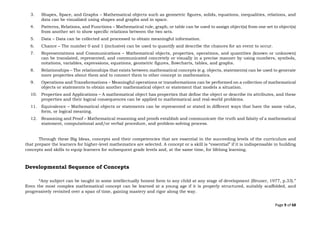 Page 9 of 68
3. Shapes, Space, and Graphs – Mathematical objects such as geometric figures, solids, equations, inequalities, relations, and
data can be visualized using shapes and graphs and in space.
4. Patterns, Relations, and Functions – Mathematical rule, graph, or table can be used to assign object(s) from one set to object(s)
from another set to show specific relations between the two sets.
5. Data – Data can be collected and processed to obtain meaningful information.
6. Chance – The number 0 and 1 (inclusive) can be used to quantify and describe the chances for an event to occur.
7. Representations and Communications – Mathematical objects, properties, operations, and quantities (known or unknown)
can be translated, represented, and communicated concretely or visually in a precise manner by using numbers, symbols,
notations, variables, expressions, equations, geometric figures, flowcharts, tables, and graphs.
8. Relationships – The relationships that exists between mathematical concepts (e.g. objects, statements) can be used to generate
more properties about them and to connect them to other concept in mathematics.
9. Operations and Transformations – Meaningful operations or transformations can be performed on a collection of mathematical
objects or statements to obtain another mathematical object or statement that models a situation.
10. Properties and Applications – A mathematical object has properties that define the object or describe its attributes, and these
properties and their logical consequences can be applied to mathematical and real-world problems.
11. Equivalence – Mathematical objects or statements can be represented or stated in different ways that have the same value,
form, or logical meaning.
12. Reasoning and Proof – Mathematical reasoning and proofs establish and communicate the truth and falsity of a mathematical
statement, computational and/or verbal procedure, and problem-solving process.
Through these Big Ideas, concepts and their competencies that are essential in the succeeding levels of the curriculum and
that prepare the learners for higher-level mathematics are selected. A concept or a skill is “essential” if it is indispensable in building
concepts and skills to equip learners for subsequent grade levels and, at the same time, for lifelong learning.
Developmental Sequence of Concepts
“Any subject can be taught in some intellectually honest form to any child at any stage of development (Bruner, 1977, p.33).”
Even the most complex mathematical concept can be learned at a young age if it is properly structured, suitably scaffolded, and
progressively revisited over a span of time, gaining mastery and rigor along the way.
 