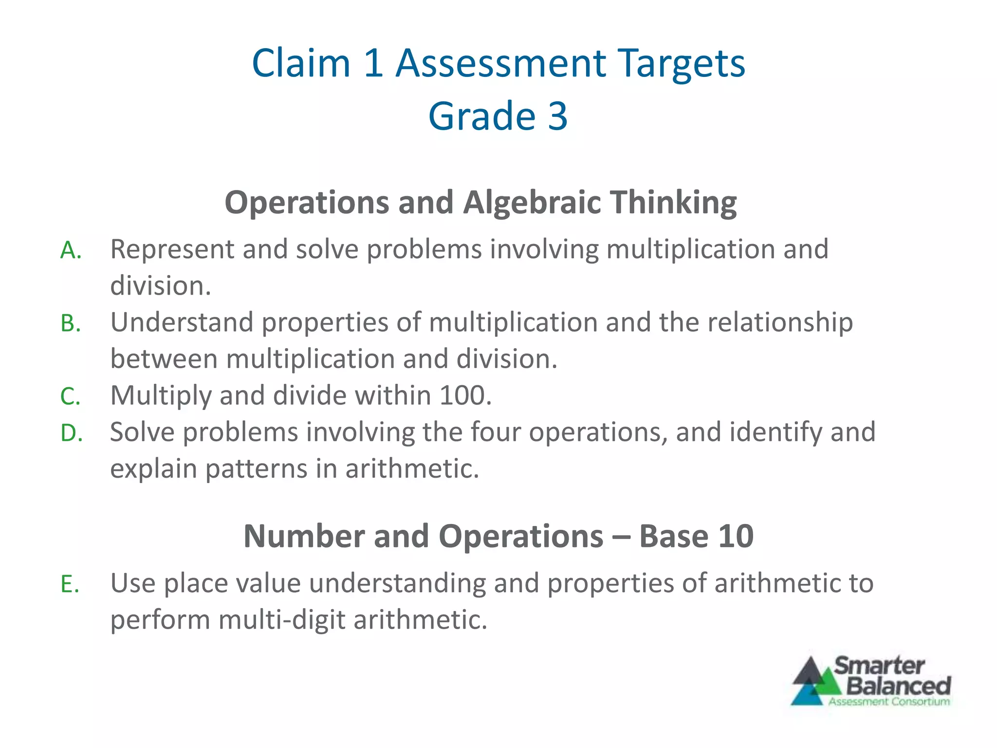 Claim 1 Assessment Targets
Grade 3
Operations and Algebraic Thinking
A. Represent and solve problems involving multiplication and
division.
B. Understand properties of multiplication and the relationship
between multiplication and division.
C. Multiply and divide within 100.
D. Solve problems involving the four operations, and identify and
explain patterns in arithmetic.
Number and Operations – Base 10
E. Use place value understanding and properties of arithmetic to
perform multi-digit arithmetic.
 