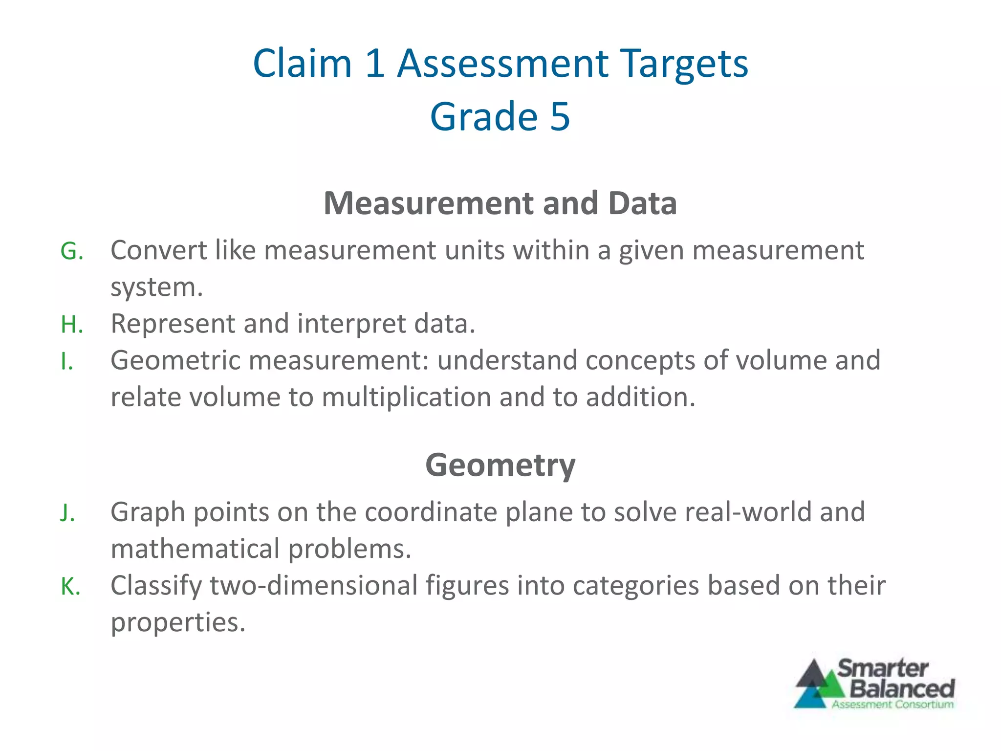 Claim 1 Assessment Targets
Grade 5
Measurement and Data
G. Convert like measurement units within a given measurement
system.
H. Represent and interpret data.
I. Geometric measurement: understand concepts of volume and
relate volume to multiplication and to addition.
Geometry
J. Graph points on the coordinate plane to solve real-world and
mathematical problems.
K. Classify two-dimensional figures into categories based on their
properties.
 