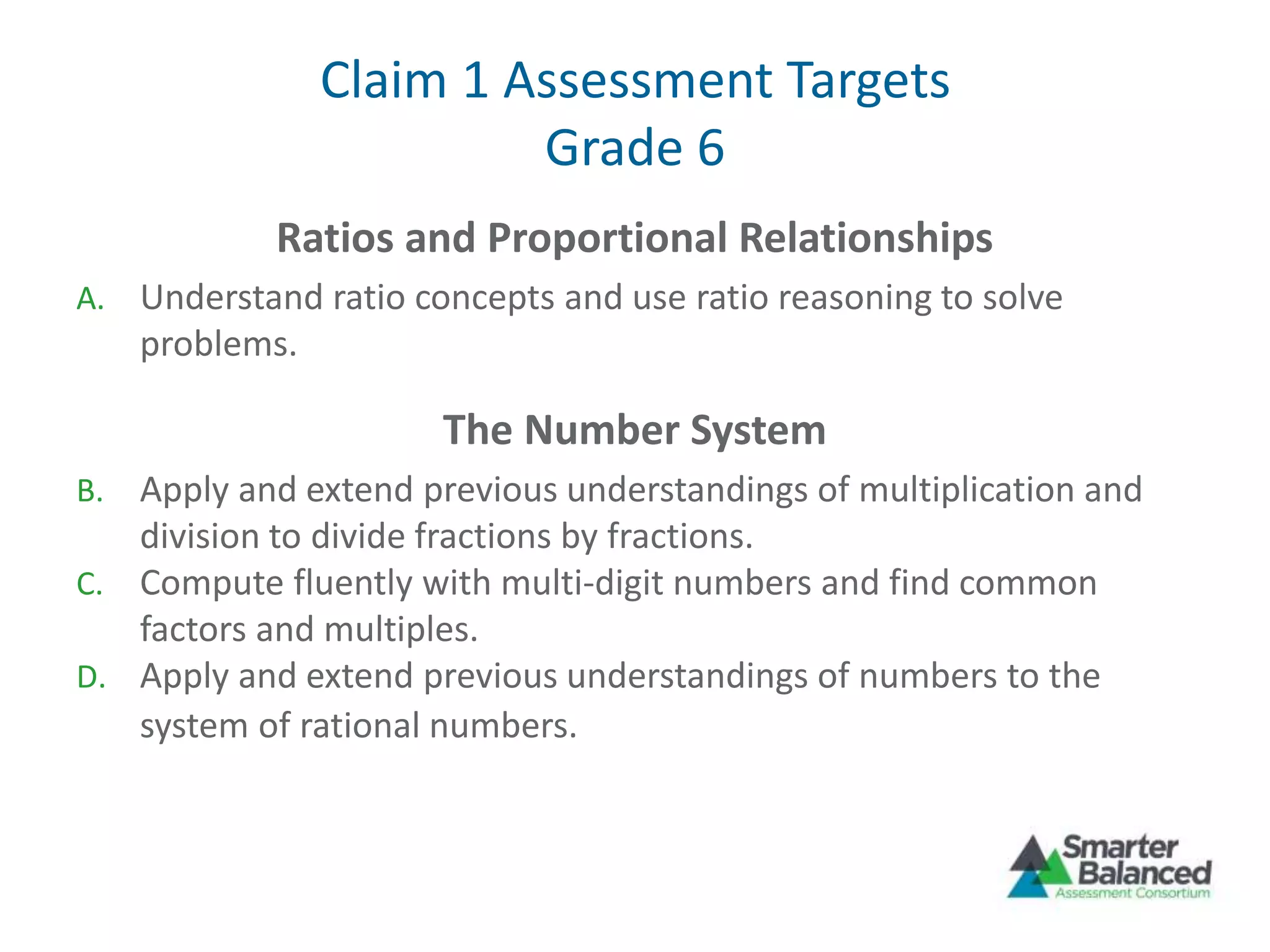 Claim 1 Assessment Targets
Grade 6
Ratios and Proportional Relationships
A. Understand ratio concepts and use ratio reasoning to solve
problems.
The Number System
B. Apply and extend previous understandings of multiplication and
division to divide fractions by fractions.
C. Compute fluently with multi-digit numbers and find common
factors and multiples.
D. Apply and extend previous understandings of numbers to the
system of rational numbers.
 