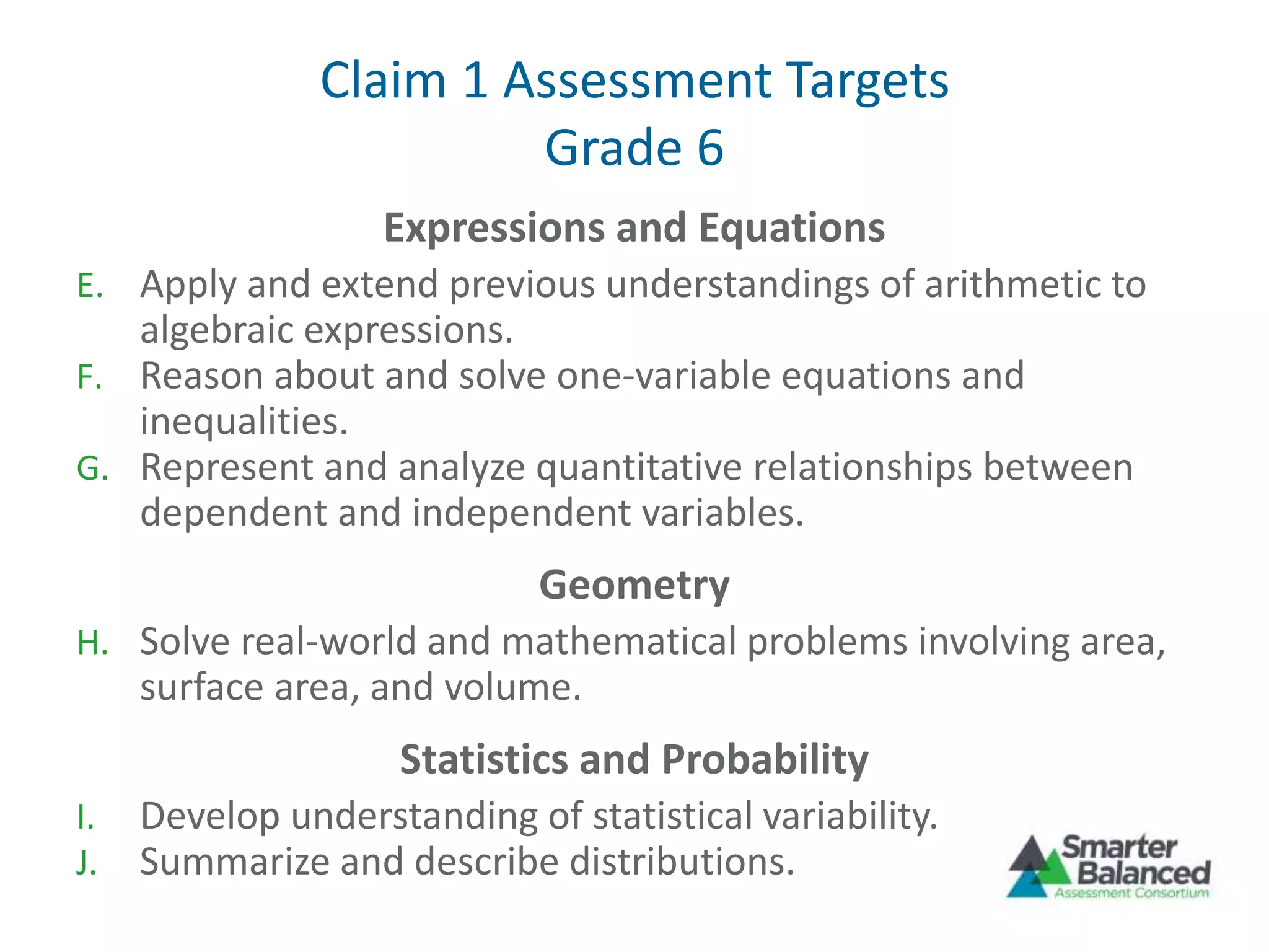 Claim 1 Assessment Targets
Grade 6
Expressions and Equations
E. Apply and extend previous understandings of arithmetic to
algebraic expressions.
F. Reason about and solve one-variable equations and
inequalities.
G. Represent and analyze quantitative relationships between
dependent and independent variables.
Geometry
H. Solve real-world and mathematical problems involving area,
surface area, and volume.
Statistics and Probability
I. Develop understanding of statistical variability.
J. Summarize and describe distributions.
 
