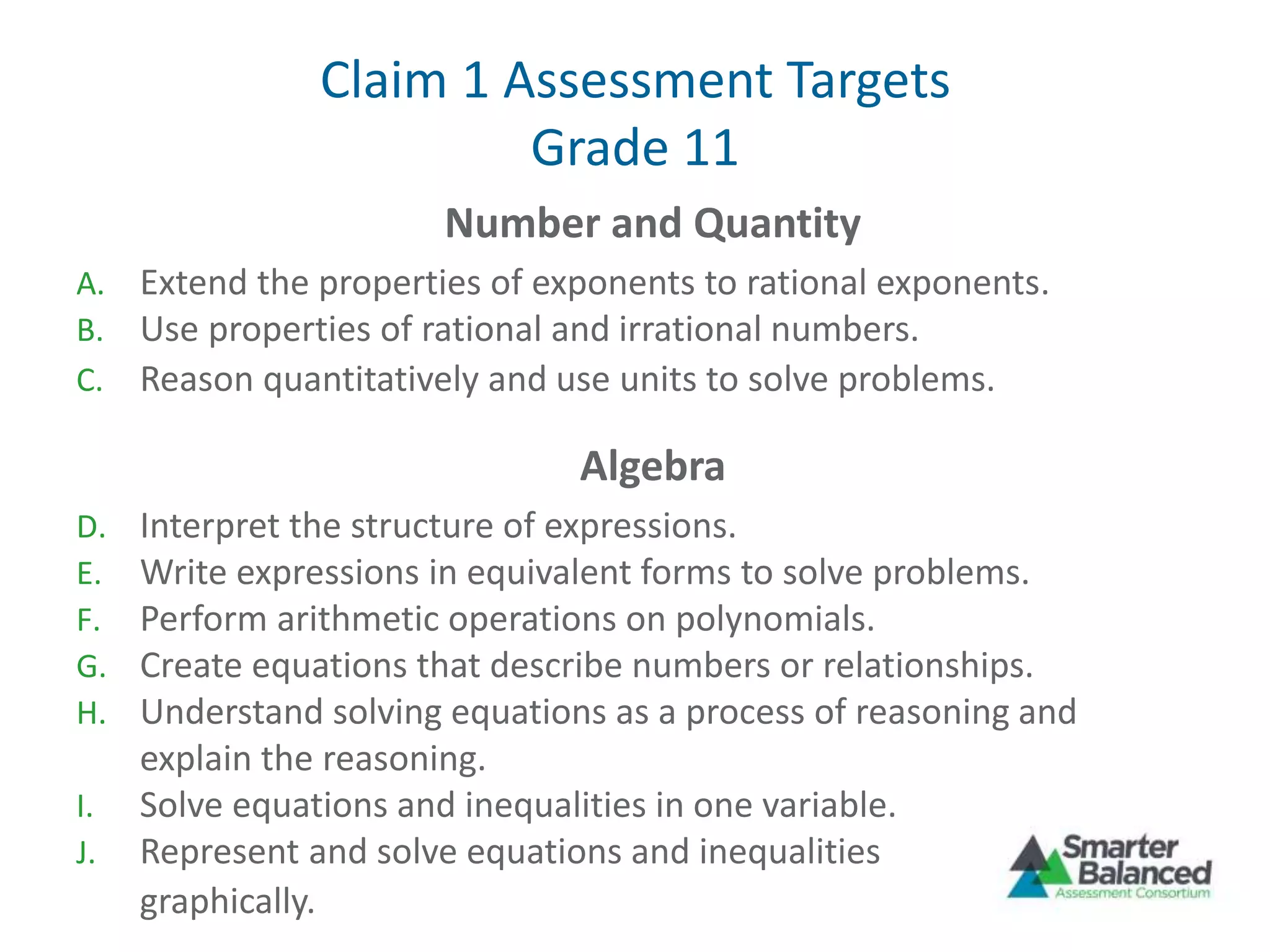 Claim 1 Assessment Targets
Grade 11
Number and Quantity
A. Extend the properties of exponents to rational exponents.
B. Use properties of rational and irrational numbers.
C. Reason quantitatively and use units to solve problems.
Algebra
D. Interpret the structure of expressions.
E. Write expressions in equivalent forms to solve problems.
F. Perform arithmetic operations on polynomials.
G. Create equations that describe numbers or relationships.
H. Understand solving equations as a process of reasoning and
explain the reasoning.
I. Solve equations and inequalities in one variable.
J. Represent and solve equations and inequalities
graphically.
 