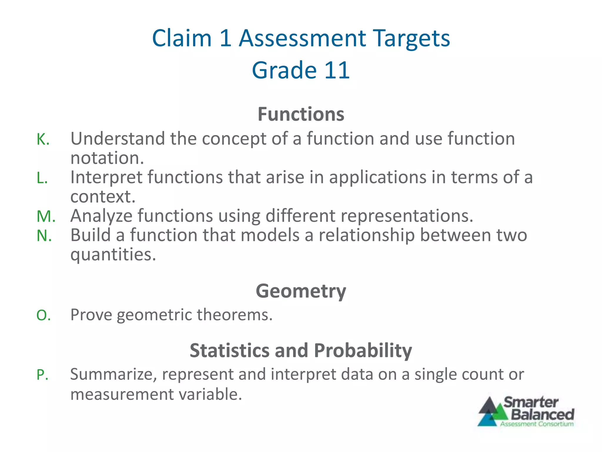 Claim 1 Assessment Targets
Grade 11
Functions
K. Understand the concept of a function and use function
notation.
L. Interpret functions that arise in applications in terms of a
context.
M. Analyze functions using different representations.
N. Build a function that models a relationship between two
quantities.
Geometry
O. Prove geometric theorems.
Statistics and Probability
P. Summarize, represent and interpret data on a single count or
measurement variable.
 