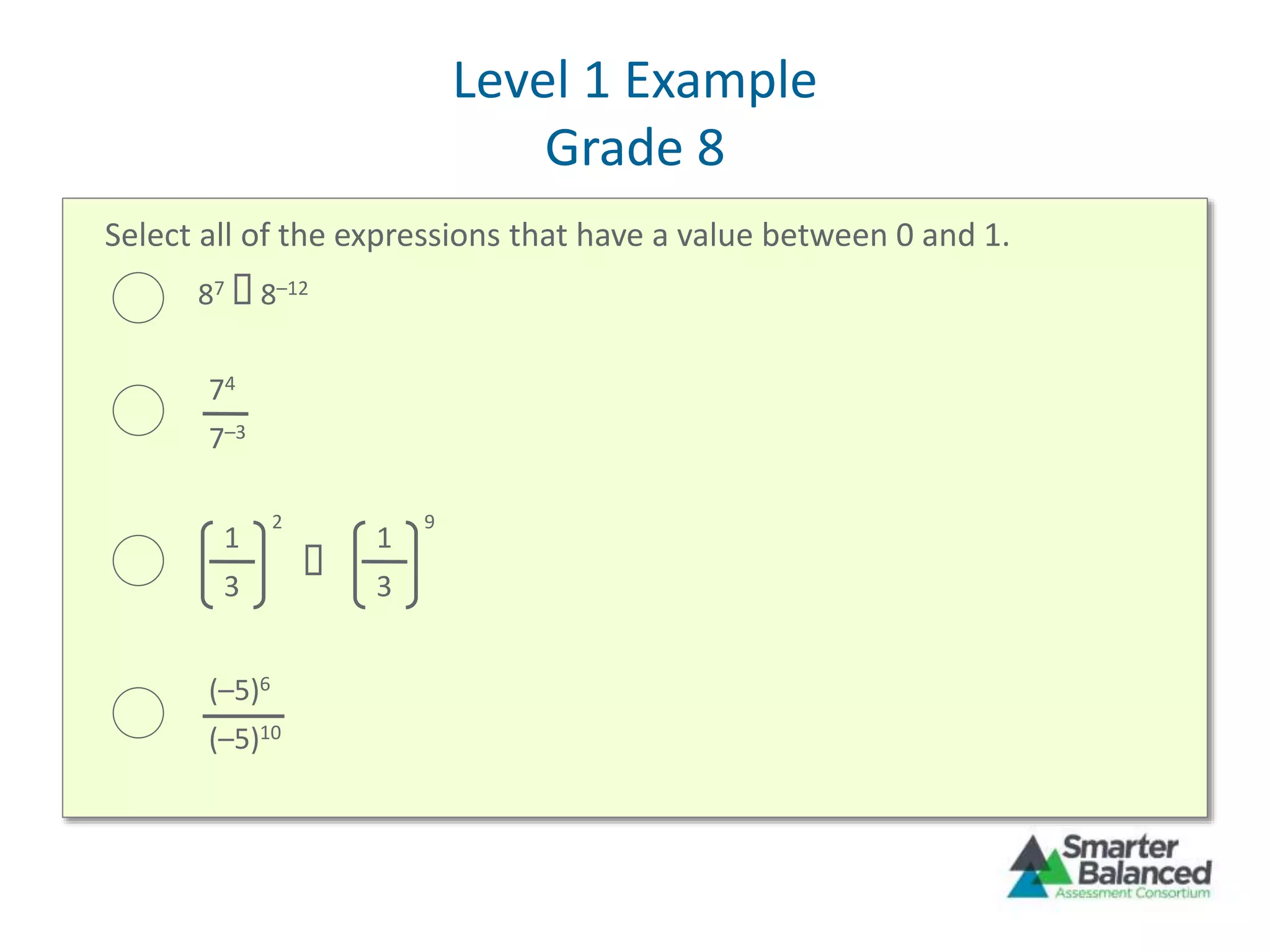 Level 1 Example
Grade 8
Select all of the expressions that have a value between 0 and 1.
87  8–12
74
7–3
1
3
2

1
3
9
(–5)6
(–5)10
 