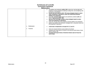 Archdiocese of Louisville
Curriculum Framework
Mathematics
22
Mathematics May 2011
Multiplication
Fractions
use addition and subtraction within 100 to solve one- and two-digit word
problems involving situations of adding to, taking from, and comparing, with
unknowns in all positions
fluently add and subtract within 100 using strategies based on place
value, properties of operations, and/or the relationship between
addition and subtraction
solve two- and three-digit addition and subtraction problems with and
without regrouping within 1000
add up to four two-digit numbers using strategies based on place
value and properties of operations
solve one- and two-step word problems involving addition and subtraction
explain why addition and subtraction strategies work, using place value and
the properties of operations
model basic multiplication concepts for 2, 5, and 10
draw and compare fractions using models and pictures
recognize and model parts of a whole or set using the words halves, thirds,
half of, a third of, etc.
recognize that equal shares of identical wholes need not have the
same shape
 