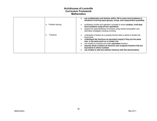 Archdiocese of Louisville
Curriculum Framework
Mathematics
28
Mathematics May 2011
Problem solving
Fractions
use multiplication and division within 100 to solve word problems in
situations involving equal groups, arrays, and measurement quantities
synthesize number and operation concepts to solve complex, multi-step
word problems using all four operations
assess the reasonableness of answers using mental computation and
estimation strategies including rounding
understand a fraction as a quantity formed when a whole is divided into
equal parts
understand two fractions as equivalent (equal) if they are the same
size, or the same point on a number line
use models to compare and order equivalent fractions
express whole numbers as fractions and recognize fractions that are
equivalent to whole numbers
use models to add and subtract fractions with like denominators
 