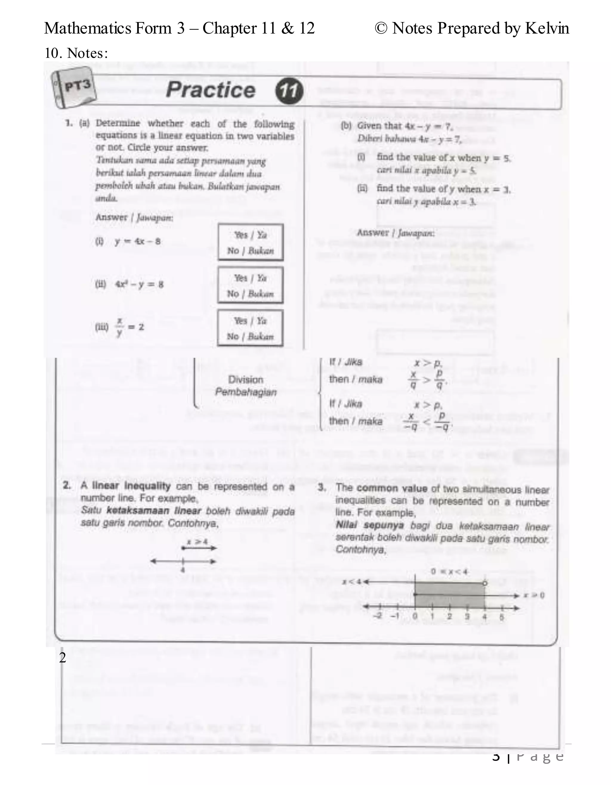 Mathematics Form 3 – Chapter 11 & 12 © Notes Prepared by Kelvin
3 | P a g e
10. Notes:
2
 