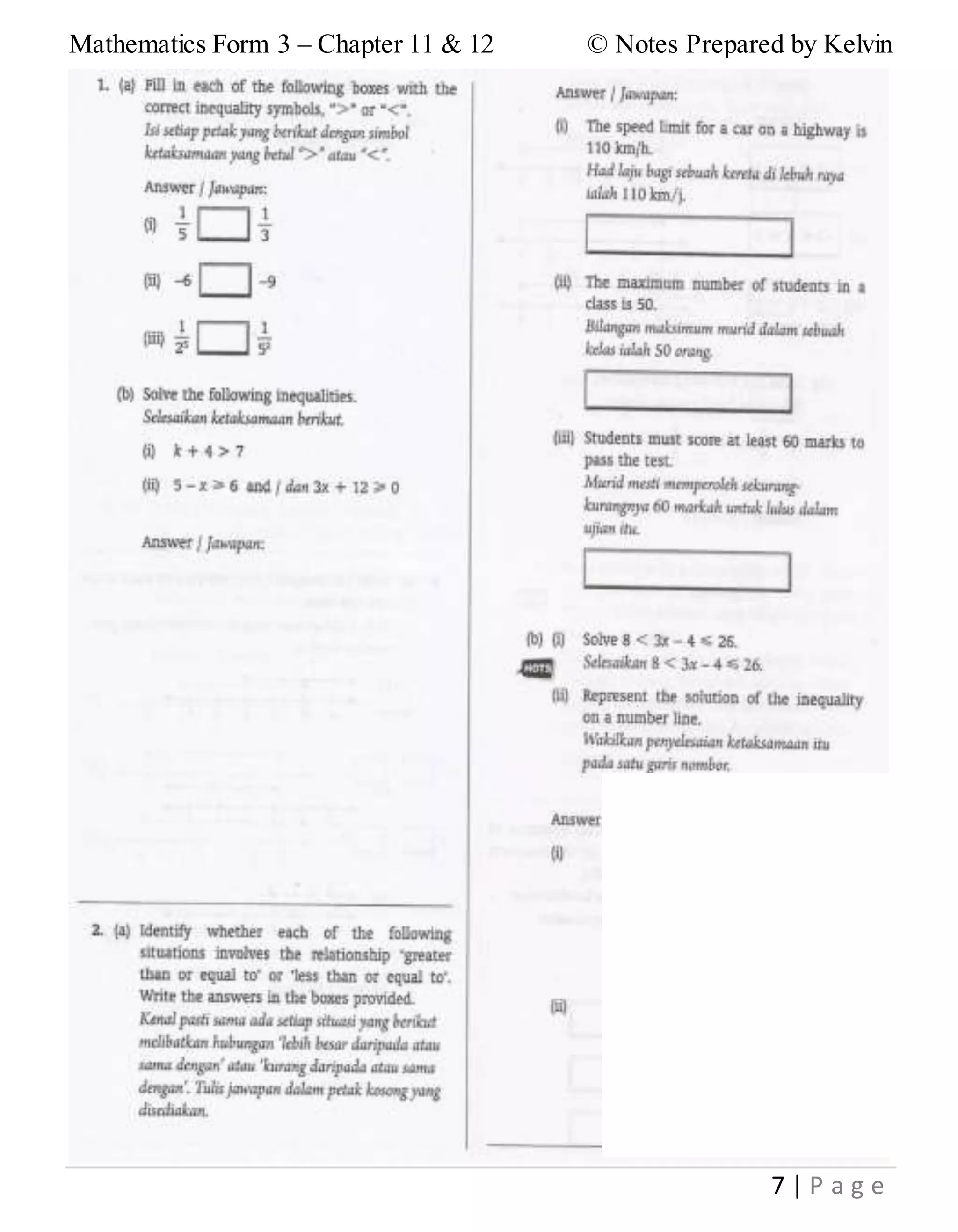 Mathematics Form 3 – Chapter 11 & 12 © Notes Prepared by Kelvin
7 | P a g e
 