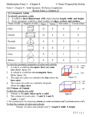 Mathematics Form 3 – Chapter 8 © Notes Prepared by Kelvin
1 | P a g e
Form 3 - Chapter 8 – Solid Geometry III [Notes Completely]
Review Form 1 - Chapter 12
12.1 Geometric Solids
To identify geometric solids
1. A solid is a three-dimensional (3D) object that has length, width and height.
2. Every geometric solid has a fixed number of edges, vertices and surfaces.
Name of solid Diagram of solid Edges Vertex Flat surface Curved surface
Cube 12 8 6 0
Cuboid 12 8 6 0
Pyramid 8 5 5 0
Cylinder 0 0 2 1
Cone 0 1 1 1
Sphere 0 0 0 1
To state the geometric properties of cubes and cuboids
1. A cube is a solid has six square faces are same
size.(Refer figure 15)
2. A cuboid is a solid has six rectangular faces.
(Refer figure 16)
3. The edge of a cube or a cuboid is the line where the
faces meet.
4. The vertex of a cube or a cuboid is the point
where the edges meet.
12.2 Volume of Cuboids
To find the volume of a solid
1. Volume is the space taken up by a solid.
2. The volume of a unit cube = 1 unit X 1 unit X
1 unit = 1 unit3
3. The standard units for measuring volume are cubic centimeter (𝐜𝐦3
) and cubic meter ( 𝐦3
).
To find the volume of cubes and cuboids
Volume of cubes and cuboids (cm3
) = length X width X height
 