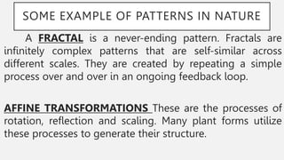 SOME EXAMPLE OF PATTERNS IN NATURE
A FRACTAL is a never-ending pattern. Fractals are
infinitely complex patterns that are self-similar across
different scales. They are created by repeating a simple
process over and over in an ongoing feedback loop.
AFFINE TRANSFORMATIONS These are the processes of
rotation, reflection and scaling. Many plant forms utilize
these processes to generate their structure.
 