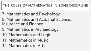 THE ROLES OF MATHEMATICS IN SOME DISCIPLINE
7. Mathematics and Psychology
8. Mathematics and Actuarial Science,
Insurance and Finance
9. Mathematics in Archaeology
10. Mathematics and Logic
11. Mathematics in Music
12. Mathematics in Arts
 