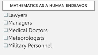 MATHEMATICS AS A HUMAN ENDEAVOR
Lawyers
Managers
Medical Doctors
Meteorologists
Military Personnel
 