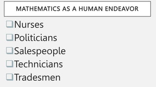 MATHEMATICS AS A HUMAN ENDEAVOR
Nurses
Politicians
Salespeople
Technicians
Tradesmen
 