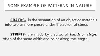 SOME EXAMPLE OF PATTERNS IN NATURE
CRACKS- is the separation of an object or materials
into two or more pieces under the action of stress.
STRIPES- are made by a series of bands or strips,
often of the same width and color along the length.
 