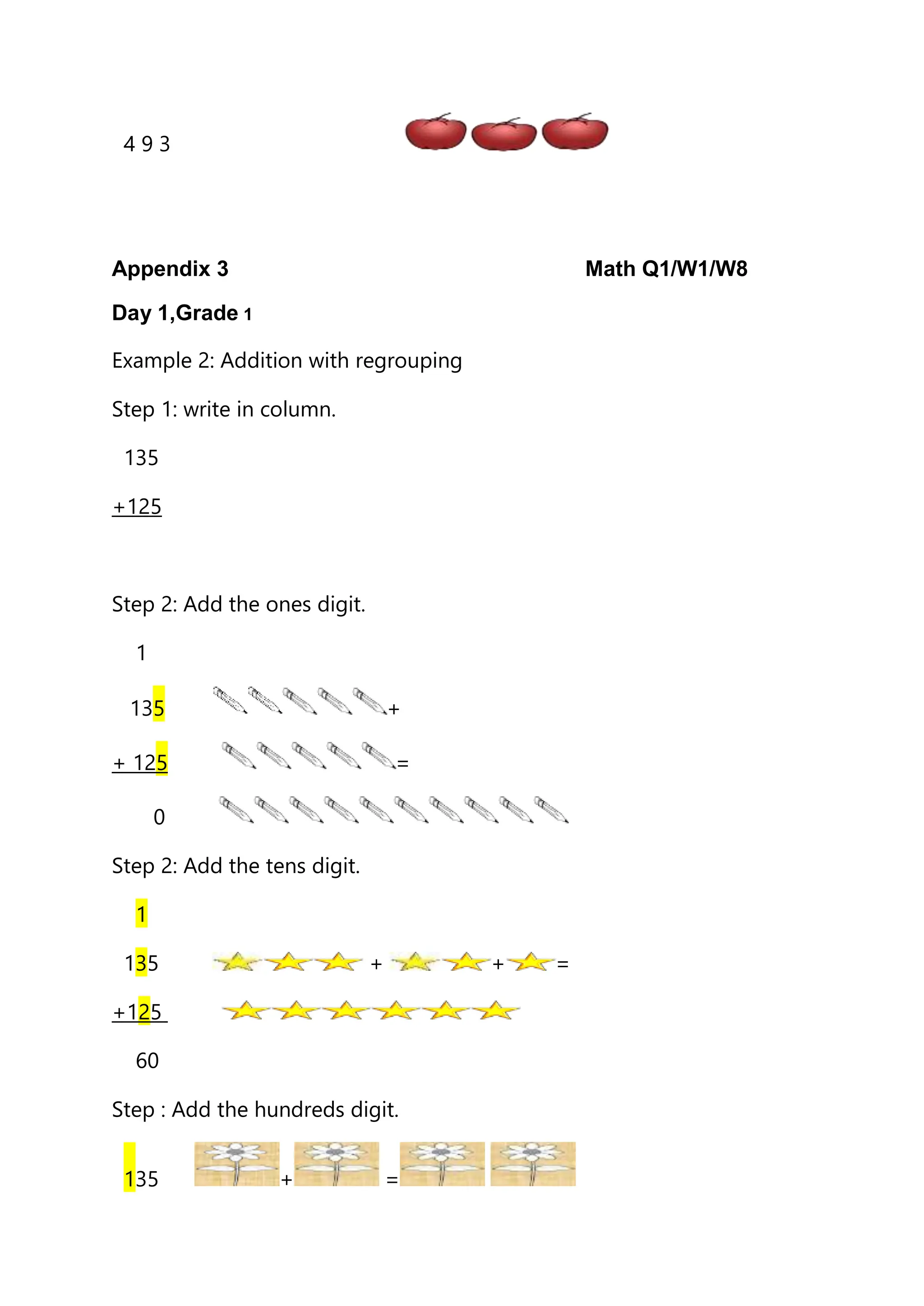 4 9 3
Appendix 3 Math Q1/W1/W8
Day 1,Grade 1
Example 2: Addition with regrouping
Step 1: write in column.
135
+125
Step 2: Add the ones digit.
1
135 +
+ 125 =
0
Step 2: Add the tens digit.
1
135 + + =
+125
60
Step : Add the hundreds digit.
135 + =
 