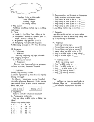 Banghay Aralin sa Matematika
Unang Markahan
Ikatlong Linggo
(Ikalimang Araw)
I. Mga layunin
Nakikilala ang bilang na higit ng isa sa bilang
na ibinigay.
II. Paksa
A. Aralin 1: One More Than – Higit ng Isa
B. Sanggunian: Gabay sa Pagtuturo pah. 55
Pupils’ Activity Shet pp. 52
C. Kagamitan: mga plaskard (0-100)
D. Pangunang Konsepto at Kakayahan:
Nahihinuhang konsepto 0-100 Rote Counting
III. Pamaraan
A. Paghahanda
1. Balik-aral
Hayaang magbilang ang mga bata mula
sero hanggang isangdaan.
B. Panlinang na Gawain
1. Pagganyak
Itanong: Ano ba ang malimit na natanggap
ng isang taong may kaarawan? (regalo)
2. Paglalahad:
Iparinig ang maikling kwento.
(Gumamit ng larawan ng bata at cut-out ng mga
laruang nabanggit)
Ito si Paolo. Nakatanggap siya ng 2 pangkat
ng regalo sa kanyang kaarawan. Sinabi niya na
mas marami siyang laruang kotseng natanggap
kaysa mga bola .
3. Pagtalakay
Tama ba si Paolo? Paano mo nalaman?
C. Pagsasagawa ng Gawain
Ilan ang bilang na labis ng isa sa ibinigay na
bilang?
Bilugan ang tamang sagot.
1. 6 - 7 8 9
2. 27 - 26 28 29
3. 42 - 45 44 43
4. 51 - 52 53 55
5. 74 - 71 73 75
.
.
E. Pagpapapatibay ng Konsepto at Kasanayan
Isulat sa patlang ang tamang sagot.
1. Ang bilang na labis ng isa sa 17 ay ____
2. Ang bilang na labis ng isa sa 24 ay ____
3. Ang bilang na labis ng isa sa 42 ay ____
4. Ang bilang na labis ng isa sa 66 ay ____
5. Ang bilang na labis ng isa sa 97 ay ____
F. Paglalahat
Ang ibig sabihin ng higit ay labis o sobra.
May bilang na labis ng isa sa ibang bilang tulad
ng 11 ay labis ng isa sa sampu.
IV. Pagtataya:
Isulat ang tamang sagot.
1. Anong bilang ang labis ng isa sa 18?
2. Anong bilang ang labis ng isa sa 45?
3. anong bilang ang labis ng isa sa 79?
4. Ang 84 ay labis ng isa sa nong bilang?__
5. Ang 92 ay labis ng isa sa ____.
V. Takdang Aralin
Isulat ang tamang sagot.
1. Ang 7 ay labis ng isa sa ___.
2. Ang 15 ay labis ng isa sa ___.
3. Ang ___ ay labis ng isa sa 99.
4. Ang __ay labis ng isa sa 53.
5. Ang __ay labis ng isa sa 81.
Puna:
____na bilang ng mga mag-aaral mula sa
kabuuang bilang na ____ang nagpakita ng
___na bahagdan ng pagkatuto ng aralin
apat na bola limang kotse
 