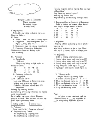 Banghay Aralin sa Matematika
Unang Markahan
Ika-apat na Linggo
(Unang Araw)
I. Mga layunin
Nakikilala ang bilang na kulang ng isa sa
bilang na ibinigay.
II. Paksa
A. Aralin 1: One Less Than – Kulang ng Isa
B. Sanggunian: Gabay sa Pagtuturo pah. 55
Pupils’ Activity Shet pp. 58
C. Kagamitan: mga cut-outs ng bata at damit
D. Pangunang Konsepto at Kakayahan:
Nahihinuhang konsepto: kulang ng isa
Rote Counting
III. Pamaraan
A. Paghahanda
1. Balik-aral
Bilugan ang bilang na higit ng isa sa
bilang sa kaliwa:
34 - 25 35 45 55
12 - 15 14 13 16
56 - 65 55 57 58
B. Panlinang na Gawain
1. Pagganyak
Awit: Chikadee (1-5)
May isang Chikadee na dumapo sa sanga
lumipad ang isa apat ang natira
Chikadee, chickadee palipad-lipad (2x)
2. Paglalahad:
Iparinig ang maikling kwento.
(Gumamit ng larawan ng bata at cut-out ng mga
damit na nabanggit)
Ito si Luchie. mayroong siyang dalawang
pangkat ng damit. Sabi niya mas kakaunti ang
palda niya kaysa sa mga blusa.
3. Pagtalakay
Tama ba si Luchie? Paano mo nalaman?
C. Pagsasagawa ng Gawain
Ilan ang bilang ng kanyang palda?
Ilan ang bilang ng kanyang blusa?
Hayaang pagpares-parisen ng mga bata ang mga
palda at blusa?
Ilang blusa ang walang kapares?
Ano ang ibig sabihin nito?
Ang tatlo ba ay mas kaunti ng isa kaysa apat?
.
E. Pagpapapatibay ng Konsepto at Kasanayan
Isulat sa patlang ang tamang bilang kapag
inalis ang isa sa mga numero sa ibaba:
1. 24 - 22 23 25
2. 35 - 34 33 36
3. 98 - 99 97 96
4. 73 - 72 70 74
5. 12 - 10 11 13
F. Paglalahat
Ang ibig sabihin ng kulang ng isa ay gahol o
kapos ng isa.
May bilang na kulang ng isa sa ibang bilang
tulad ng 18 ay kulang ng isa sa labingsiyam..
IV. Pagtataya:
Isulat sa patlang ang tamang sagot.
1. Anong bilang kapag inalis ang isa sa 15?
2. Anong bilang kapag inalis ang isa sa 33?
3. Anong bilang kapag inalis ang isa sa 54?
4. Ang 99 ay mas kaunti ng isa sa ____?
5. Apatnapu’t anim ay mas kaunti ng isa sa
____.
V. Takdang Aralin
Bilugan ang titik ng tamang sagot..
1. 3 ay mas kakaunti ng isa sa 6 5 4
2. 16 ay mas kakaunti ng isa sa 15 17 18
3. 29 ay mas kakaunti ng isa sa 27 28 30.
4. 35 ay mas kaunti ng isa sa 38 36 34
5. 50 ay mas kaunti ng isa sa 53 51 49
Puna:
____na bilang ng mga mag-aaral mula sa
kabuuang bilang na ____ang nagpakita ng
___na bahagdan ng pagkatuto ng aralin
tatlong palda apat na blusa
 