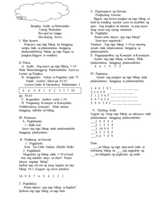 Banghay Aralin sa Matematika
Unang Markahan
Ika-apat na Linggo
(Ika-limang Araw)
I. Mga layunin
Naiaayos ang mga bilang isa hanggang
sampu mula sa pinakamataas hanggang
pinakamababang bilang ng mga bagay sa
pangkat.(biggest to smallest)
II. Paksa
A. Aralin: Pag-aayos ng mga Bilang 1-10
Mula Mataashanggang Pinakamababa Ayon sa
Laman ng Pangkat.
B. Sanggunian: Gabay sa Pagtuturo pah. 75
Pupils’ Activity Sheet pp. 63-67
Lesson Guide in Elementary Mathematics I
pp. 58-61
C. Kagamitan: number cards 1-10
D. Pangunang Konsepto at Kakayahan:
Nahihinuhang konsepto: Mula mataas
hanggang mababa na bilang.
III. Pamaraan
A. Paghahanda
1. Balik-aral
Iayos ang mga bilang mula pinakamababa
hanggang pinakamtaas.
B. Panlinang na Gawain
1. Pagganyak
Awit: Ten Little Indians (Barbie Dolls)
2. Paglalahad:
Magpakita ng bilang mula 1-10 sa kard.
Ano ang nakikita ninyo sa chart? Paano
iniayos angmga bilang?
Ipakita ang cut-out ng isang hagdan na may
bilang 10-1. (Lagyan ng arrow pababa)
10 9 8 7 6 5 4 3 2 1
3. Pagtalakay:
Paano iniayos ang mga bilang sa hagdan?
Ipabasa ang mga bilang sa mga bata.
C. Pagsasagawa ng Gawain:
Pangkatang Gawain:
Bigyan ang bawat pangkat ng mga bilang sa
kard na kanilang aayusin ayon sa sasabihin ng
guro. Ang pangkat na mauuna sa pag-aayos
nang wasto ang siyang mananalo.
D. Paglalahat
Paano natin iniayos ang mga bilang?
Saan tayo nagsimula?
Tandaan: Ang mga bilang 1-10 ay maaring
ayusin mula pinakamataas hanggang sa
pinakamababa.
E. Pagpapapatibay ng Konsepto at Kasanayan
Ayusin ang mga bilang sa hanay. Mula
pinakamataas hanggang pinakamababa.
4 6 1 9 3 5
IV. Pagtataya:
Ayusin ang pangkat ng mga bilang mula
pinakamataas hanggang sa pinakamababa.
1. 4 6 2 8 1 __ ___ ___ ___ ___
2. 2 6 4 8 __ ___ ___ ___ ___
3. 1 2 3 4 5 ___ ___ ___ ___ ___
4. 9 7 6 5 4 ___ ___ ___ ___ ___
5. 0 6 5 4 1 __ ___ ___ ____ ____
V. Takdang Aralin
Lagyan ng / kung mga bilang ay nakaayos mula
pinakamataas hanggang pinakamababa.
___1. 6 5 4 3
___2. 1 2 3 4
___3. 10 9 8 7
___4. 2 3 4 5
___5. 6 7 8 9
Puna:
____na bilang ng mga mag-aaral mula sa
kabuuang bilang na ____ang nagpakita ng
___na bahagdan ng pagkatuto ng aralin
8 6 4 0 1 9 2 5 3 7 10
 