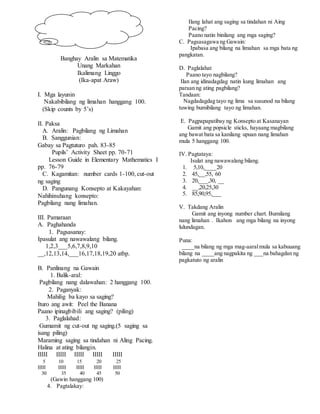 Banghay Aralin sa Matematika
Unang Markahan
Ikalimang Linggo
(Ika-apat Araw)
I. Mga layunin
Nakabibilang ng limahan hanggang 100.
(Skip counts by 5’s)
II. Paksa
A. Aralin: Pagbilang ng Limahan
B. Sanggunian:
Gabay sa Pagtuturo pah. 83-85
Pupils’ Activity Sheet pp. 70-71
Lesson Guide in Elementary Mathematics I
pp. 76-79
C. Kagamitan: number cards 1-100, cut-out
ng saging
D. Pangunang Konsepto at Kakayahan:
Nahihinuhang konsepto:
Pagbilang nang limahan.
III. Pamaraan
A. Paghahanda
1. Pagsasanay:
Ipasulat ang nawawalang bilang.
1,2,3___5,6,7,8,9,10
__,12,13,14,___16,17,18,19,20 atbp.
B. Panlinang na Gawain
1. Balik-aral:
Pagbilang nang dalawahan: 2 hanggang 100.
2. Paganyak:
Mahilig ba kayo sa saging?
Ituro ang awit: Peel the Banana
Paano ipinagbibili ang saging? (piling)
3. Paglalahad:
Gumamit ng cut-out ng saging.(5 saging sa
isang piling)
Maraming saging sa tindahan ni Aling Pacing.
Halina at ating bilangin.
IIIII IIIII IIIII IIIII IIIII
5 10 15 20 25
IIIII IIIII IIIII IIIII IIIII
30 35 40 45 50
(Gawin hanggang 100)
4. Pagtalakay:
Ilang lahat ang saging sa tindahan ni Aing
Pacing?
Paano natin binilang ang mga saging?
C. Pagsasagawa ng Gawain:
Ipabasa ang bilang na limahan sa mga bata ng
pangkatan.
D. Paglalahat
Paano tayo nagbilang?
Ilan ang idinadagdag natin kung limahan ang
paraan ng ating pagbilang?
Tandaan:
Nagdadagdag tayo ng lima sa susunod na bilang
tuwing bumibilang tayo ng limahan.
E. Pagpapapatibay ng Konsepto at Kasanayan
Gamit ang popsicle sticks, hayaang magbilang
ang bawat bata sa kanilang upuan nang limahan
mula 5 hanggang 100.
IV. Pagtataya:
Isulat ang nawawalang bilang.
1. 5,10,____20
2. 45,__,55, 60
3. 20,___,30, __
4. __,20,25,30
5. 85,90,95,___
V. Takdang Aralin
Gamit ang inyong number chart. Bumilang
nang limahan . Ikahon ang mga bilang na inyong
lulundagan.
Puna:
____na bilang ng mga mag-aaralmula sa kabuuang
bilang na ____ang nagpakita ng ___na bahagdan ng
pagkatuto ng aralin
 