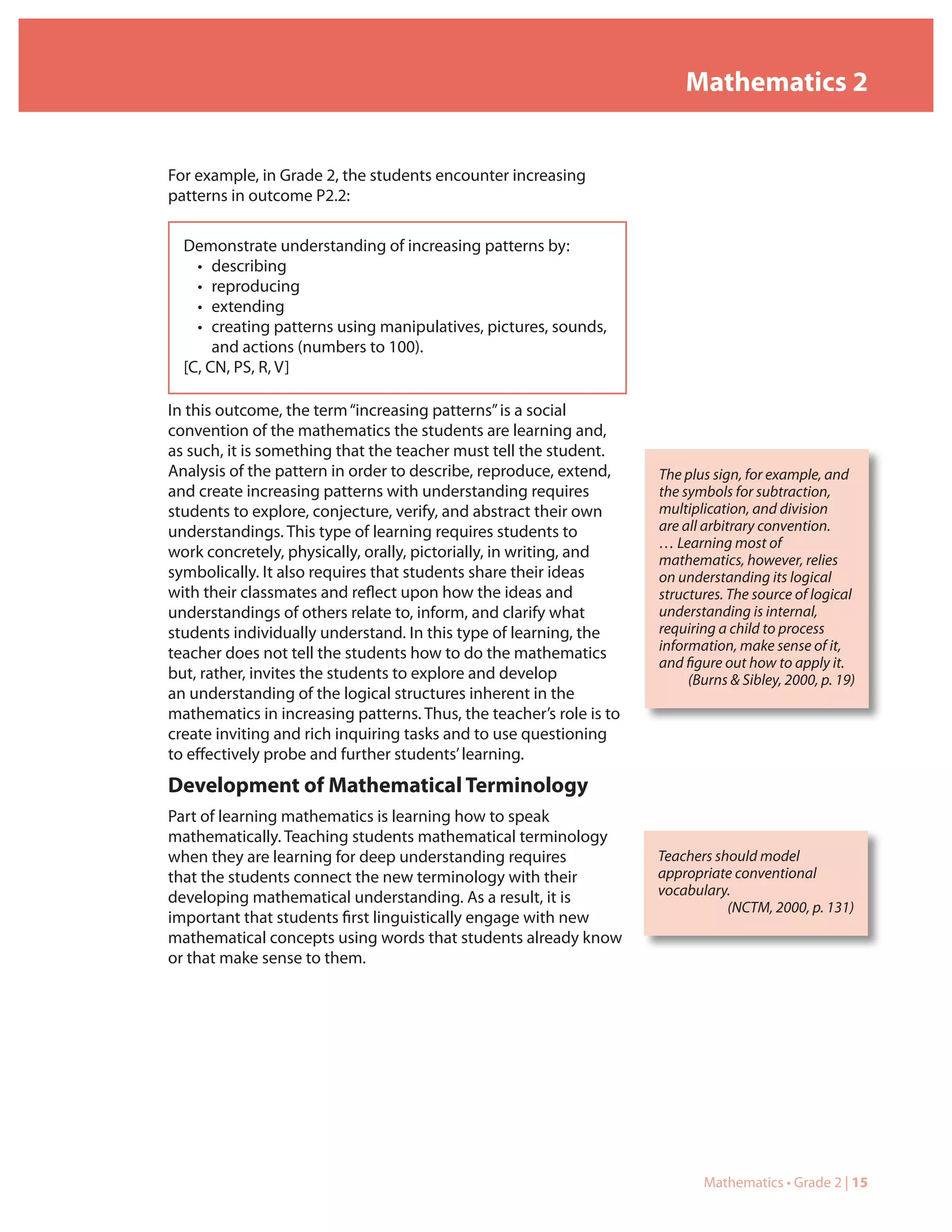Mathematics 2


For example, in Grade 2, the students encounter increasing
patterns in outcome P2.2:

  Demonstrate understanding of increasing patterns by:
    • describing
    • reproducing
    • extending
    • creating patterns using manipulatives, pictures, sounds,
       and actions (numbers to 100).
  [C, CN, PS, R, V]

In this outcome, the term “increasing patterns” is a social
convention of the mathematics the students are learning and,
as such, it is something that the teacher must tell the student.
Analysis of the pattern in order to describe, reproduce, extend,     The plus sign, for example, and
and create increasing patterns with understanding requires           the symbols for subtraction,
students to explore, conjecture, verify, and abstract their own      multiplication, and division
understandings. This type of learning requires students to           are all arbitrary convention.
                                                                     … Learning most of
work concretely, physically, orally, pictorially, in writing, and    mathematics, however, relies
symbolically. It also requires that students share their ideas       on understanding its logical
with their classmates and reflect upon how the ideas and             structures. The source of logical
understandings of others relate to, inform, and clarify what         understanding is internal,
students individually understand. In this type of learning, the      requiring a child to process
                                                                     information, make sense of it,
teacher does not tell the students how to do the mathematics
                                                                     and figure out how to apply it.
but, rather, invites the students to explore and develop                  (Burns & Sibley, 2000, p. 19)
an understanding of the logical structures inherent in the
mathematics in increasing patterns. Thus, the teacher’s role is to
create inviting and rich inquiring tasks and to use questioning
to effectively probe and further students’ learning.
Development of Mathematical Terminology
Part of learning mathematics is learning how to speak
mathematically. Teaching students mathematical terminology
when they are learning for deep understanding requires               Teachers should model
that the students connect the new terminology with their             appropriate conventional
developing mathematical understanding. As a result, it is            vocabulary.
                                                                                (NCTM, 2000, p. 131)
important that students first linguistically engage with new
mathematical concepts using words that students already know
or that make sense to them.




                                                                            Mathematics • Grade 2 | 15
 