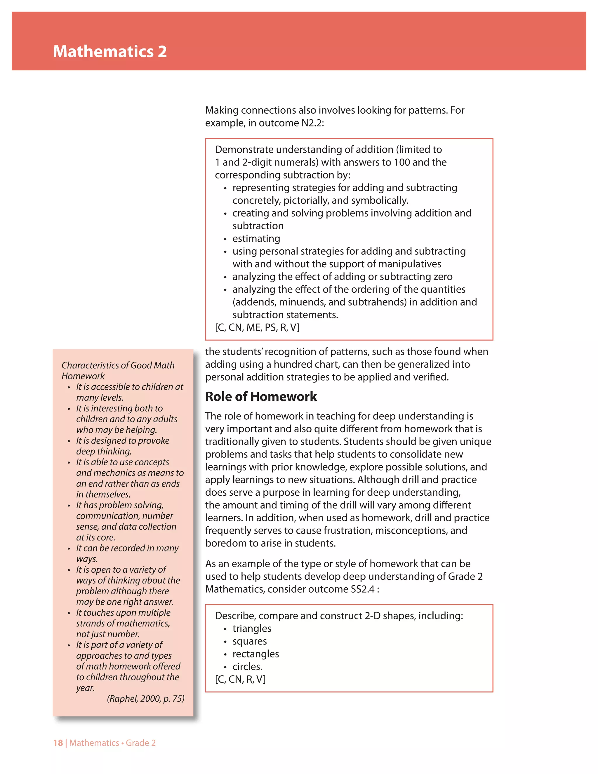 Mathematics 2


                                       Making connections also involves looking for patterns. For
                                       example, in outcome N2.2:

                                         Demonstrate understanding of addition (limited to
                                         1 and 2-digit numerals) with answers to 100 and the
                                         corresponding subtraction by:
                                           • representing strategies for adding and subtracting
                                              concretely, pictorially, and symbolically.
                                           • creating and solving problems involving addition and
                                              subtraction
                                           • estimating
                                           • using personal strategies for adding and subtracting
                                              with and without the support of manipulatives
                                           • analyzing the effect of adding or subtracting zero
                                           • analyzing the effect of the ordering of the quantities
                                              (addends, minuends, and subtrahends) in addition and
                                              subtraction statements.
                                         [C, CN, ME, PS, R, V]

                                       the students’ recognition of patterns, such as those found when
  Characteristics of Good Math         adding using a hundred chart, can then be generalized into
  Homework                             personal addition strategies to be applied and verified.
   • It is accessible to children at
     many levels.                      Role of Homework
   • It is interesting both to
     children and to any adults        The role of homework in teaching for deep understanding is
     who may be helping.               very important and also quite different from homework that is
   • It is designed to provoke         traditionally given to students. Students should be given unique
     deep thinking.                    problems and tasks that help students to consolidate new
   • It is able to use concepts
                                       learnings with prior knowledge, explore possible solutions, and
     and mechanics as means to
     an end rather than as ends        apply learnings to new situations. Although drill and practice
     in themselves.                    does serve a purpose in learning for deep understanding,
   • It has problem solving,           the amount and timing of the drill will vary among different
     communication, number             learners. In addition, when used as homework, drill and practice
     sense, and data collection        frequently serves to cause frustration, misconceptions, and
     at its core.
   • It can be recorded in many        boredom to arise in students.
     ways.
                                       As an example of the type or style of homework that can be
   • It is open to a variety of
     ways of thinking about the        used to help students develop deep understanding of Grade 2
     problem although there            Mathematics, consider outcome SS2.4 :
     may be one right answer.
   • It touches upon multiple            Describe, compare and construct 2-D shapes, including:
     strands of mathematics,
     not just number.
                                           • triangles
   • It is part of a variety of            • squares
     approaches to and types               • rectangles
     of math homework offered              • circles.
     to children throughout the          [C, CN, R, V]
     year.
               (Raphel, 2000, p. 75)



18 | Mathematics • Grade 2
 