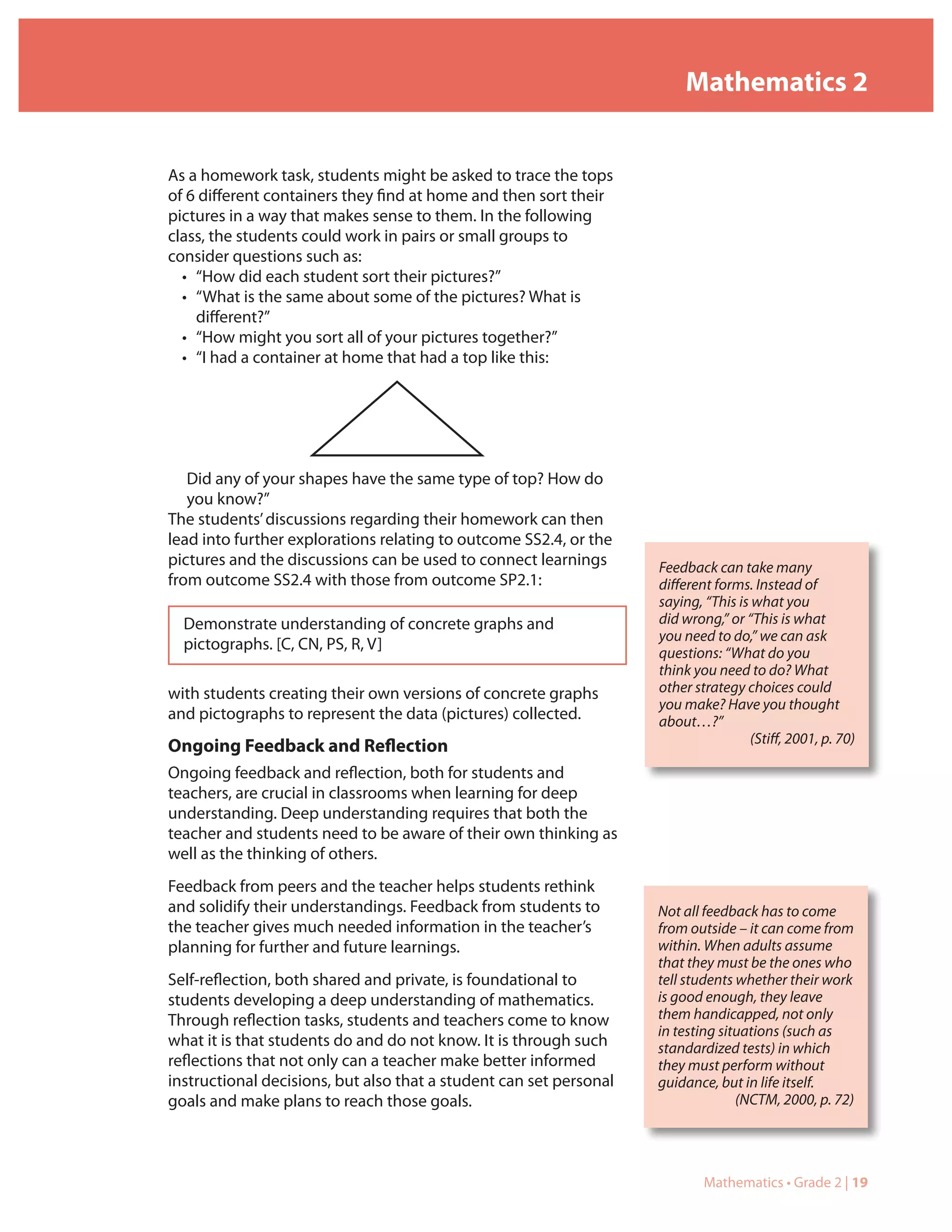 Mathematics 2


As a homework task, students might be asked to trace the tops
of 6 different containers they find at home and then sort their
pictures in a way that makes sense to them. In the following
class, the students could work in pairs or small groups to
consider questions such as:
  • “How did each student sort their pictures?”
  • “What is the same about some of the pictures? What is
    different?”
  • “How might you sort all of your pictures together?”
  • “I had a container at home that had a top like this:




   Did any of your shapes have the same type of top? How do
   you know?”
The students’ discussions regarding their homework can then
lead into further explorations relating to outcome SS2.4, or the
pictures and the discussions can be used to connect learnings       Feedback can take many
from outcome SS2.4 with those from outcome SP2.1:                   different forms. Instead of
                                                                    saying, “This is what you
  Demonstrate understanding of concrete graphs and                  did wrong,” or “This is what
                                                                    you need to do,” we can ask
  pictographs. [C, CN, PS, R, V]                                    questions: “What do you
                                                                    think you need to do? What
with students creating their own versions of concrete graphs        other strategy choices could
                                                                    you make? Have you thought
and pictographs to represent the data (pictures) collected.         about…?”
                                                                                    (Stiff, 2001, p. 70)
Ongoing Feedback and Reflection
Ongoing feedback and reflection, both for students and
teachers, are crucial in classrooms when learning for deep
understanding. Deep understanding requires that both the
teacher and students need to be aware of their own thinking as
well as the thinking of others.
Feedback from peers and the teacher helps students rethink
and solidify their understandings. Feedback from students to        Not all feedback has to come
the teacher gives much needed information in the teacher’s          from outside – it can come from
planning for further and future learnings.                          within. When adults assume
                                                                    that they must be the ones who
Self-reflection, both shared and private, is foundational to        tell students whether their work
students developing a deep understanding of mathematics.            is good enough, they leave
Through reflection tasks, students and teachers come to know        them handicapped, not only
                                                                    in testing situations (such as
what it is that students do and do not know. It is through such     standardized tests) in which
reflections that not only can a teacher make better informed        they must perform without
instructional decisions, but also that a student can set personal   guidance, but in life itself.
goals and make plans to reach those goals.                                        (NCTM, 2000, p. 72)




                                                                            Mathematics • Grade 2 | 19
 