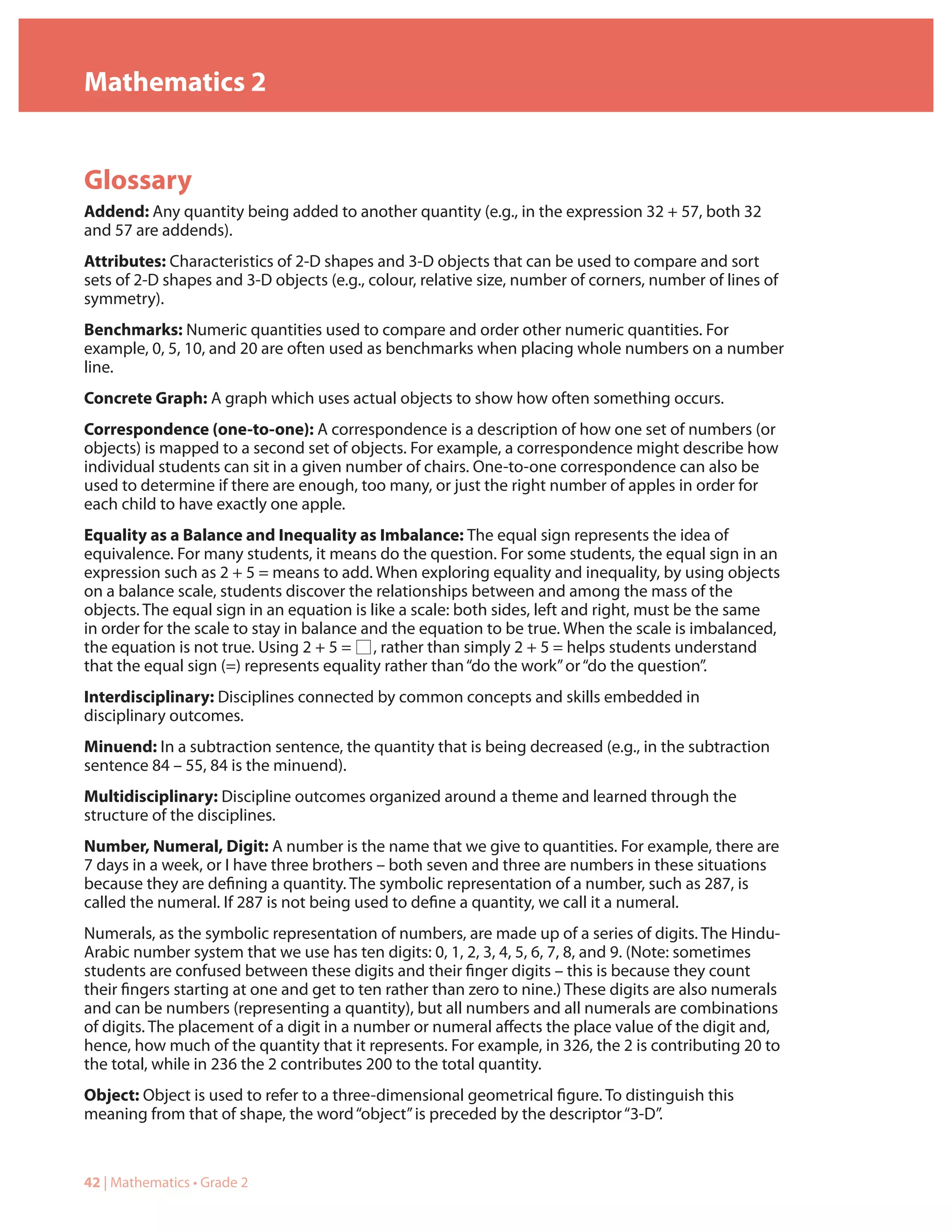 Mathematics 2


Glossary
Addend: Any quantity being added to another quantity (e.g., in the expression 32 + 57, both 32
and 57 are addends).
Attributes: Characteristics of 2-D shapes and 3-D objects that can be used to compare and sort
sets of 2-D shapes and 3-D objects (e.g., colour, relative size, number of corners, number of lines of
symmetry).
Benchmarks: Numeric quantities used to compare and order other numeric quantities. For
example, 0, 5, 10, and 20 are often used as benchmarks when placing whole numbers on a number
line.
Concrete Graph: A graph which uses actual objects to show how often something occurs.
Correspondence (one-to-one): A correspondence is a description of how one set of numbers (or
objects) is mapped to a second set of objects. For example, a correspondence might describe how
individual students can sit in a given number of chairs. One-to-one correspondence can also be
used to determine if there are enough, too many, or just the right number of apples in order for
each child to have exactly one apple.
Equality as a Balance and Inequality as Imbalance: The equal sign represents the idea of
equivalence. For many students, it means do the question. For some students, the equal sign in an
expression such as 2 + 5 = means to add. When exploring equality and inequality, by using objects
on a balance scale, students discover the relationships between and among the mass of the
objects. The equal sign in an equation is like a scale: both sides, left and right, must be the same
in order for the scale to stay in balance and the equation to be true. When the scale is imbalanced,
the equation is not true. Using 2 + 5 = , rather than simply 2 + 5 = helps students understand
that the equal sign (=) represents equality rather than “do the work” or “do the question”.
Interdisciplinary: Disciplines connected by common concepts and skills embedded in
disciplinary outcomes.
Minuend: In a subtraction sentence, the quantity that is being decreased (e.g., in the subtraction
sentence 84 – 55, 84 is the minuend).
Multidisciplinary: Discipline outcomes organized around a theme and learned through the
structure of the disciplines.
Number, Numeral, Digit: A number is the name that we give to quantities. For example, there are
7 days in a week, or I have three brothers – both seven and three are numbers in these situations
because they are defining a quantity. The symbolic representation of a number, such as 287, is
called the numeral. If 287 is not being used to define a quantity, we call it a numeral.
Numerals, as the symbolic representation of numbers, are made up of a series of digits. The Hindu-
Arabic number system that we use has ten digits: 0, 1, 2, 3, 4, 5, 6, 7, 8, and 9. (Note: sometimes
students are confused between these digits and their finger digits – this is because they count
their fingers starting at one and get to ten rather than zero to nine.) These digits are also numerals
and can be numbers (representing a quantity), but all numbers and all numerals are combinations
of digits. The placement of a digit in a number or numeral affects the place value of the digit and,
hence, how much of the quantity that it represents. For example, in 326, the 2 is contributing 20 to
the total, while in 236 the 2 contributes 200 to the total quantity.
Object: Object is used to refer to a three-dimensional geometrical figure. To distinguish this
meaning from that of shape, the word “object” is preceded by the descriptor “3-D”.


42 | Mathematics • Grade 2
 