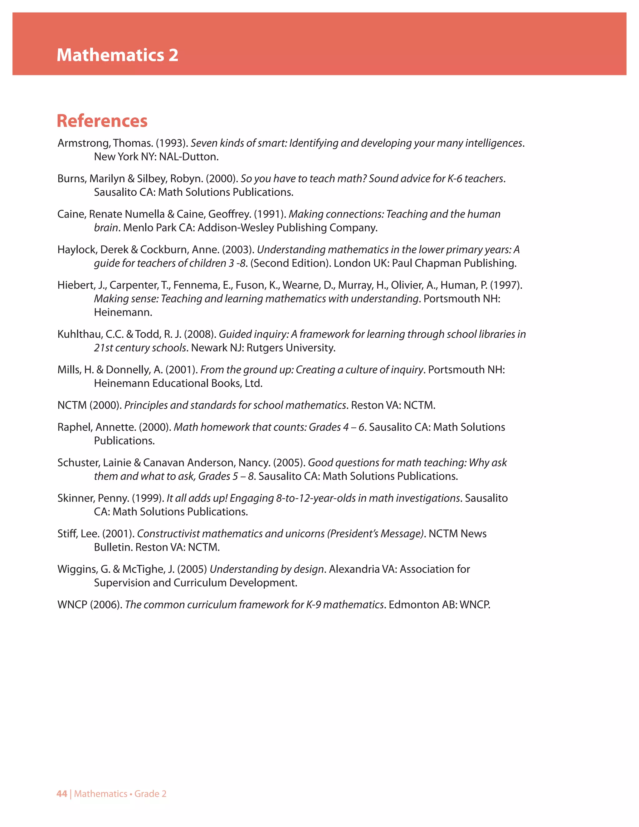 Mathematics 2


References
Armstrong, Thomas. (1993). Seven kinds of smart: Identifying and developing your many intelligences.
       New York NY: NAL-Dutton.
Burns, Marilyn & Silbey, Robyn. (2000). So you have to teach math? Sound advice for K-6 teachers.
       Sausalito CA: Math Solutions Publications.
Caine, Renate Numella & Caine, Geoffrey. (1991). Making connections: Teaching and the human
        brain. Menlo Park CA: Addison-Wesley Publishing Company.
Haylock, Derek & Cockburn, Anne. (2003). Understanding mathematics in the lower primary years: A
       guide for teachers of children 3 -8. (Second Edition). London UK: Paul Chapman Publishing.
Hiebert, J., Carpenter, T., Fennema, E., Fuson, K., Wearne, D., Murray, H., Olivier, A., Human, P. (1997).
       Making sense: Teaching and learning mathematics with understanding. Portsmouth NH:
       Heinemann.
Kuhlthau, C.C. & Todd, R. J. (2008). Guided inquiry: A framework for learning through school libraries in
       21st century schools. Newark NJ: Rutgers University.
Mills, H. & Donnelly, A. (2001). From the ground up: Creating a culture of inquiry. Portsmouth NH:
         Heinemann Educational Books, Ltd.
NCTM (2000). Principles and standards for school mathematics. Reston VA: NCTM.
Raphel, Annette. (2000). Math homework that counts: Grades 4 – 6. Sausalito CA: Math Solutions
       Publications.
Schuster, Lainie & Canavan Anderson, Nancy. (2005). Good questions for math teaching: Why ask
       them and what to ask, Grades 5 – 8. Sausalito CA: Math Solutions Publications.
Skinner, Penny. (1999). It all adds up! Engaging 8-to-12-year-olds in math investigations. Sausalito
       CA: Math Solutions Publications.
Stiff, Lee. (2001). Constructivist mathematics and unicorns (President’s Message). NCTM News
         Bulletin. Reston VA: NCTM.
Wiggins, G. & McTighe, J. (2005) Understanding by design. Alexandria VA: Association for
       Supervision and Curriculum Development.
WNCP (2006). The common curriculum framework for K-9 mathematics. Edmonton AB: WNCP.




44 | Mathematics • Grade 2
 