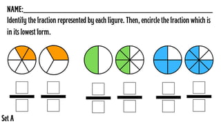 Identify the fraction represented by each figure. Then, encircle the fraction which is
in its lowest form.
NAME:__________...