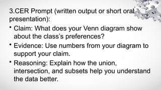 3.CER Prompt (written output or short oral
presentation):
• Claim: What does your Venn diagram show
about the class’s preferences?
• Evidence: Use numbers from your diagram to
support your claim.
• Reasoning: Explain how the union,
intersection, and subsets help you understand
the data better.
 