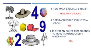  HOW MANY GROUPS ARE THERE?
 DOES EACH GROUP BELONG TO A
GROUP?
 IS THERE AN OBJECT THAT BELONGS
TO MORE THAN ONE GROUP?
WHICH ONE?
THERE ARE 4 GROUPS
YES
YES
 
