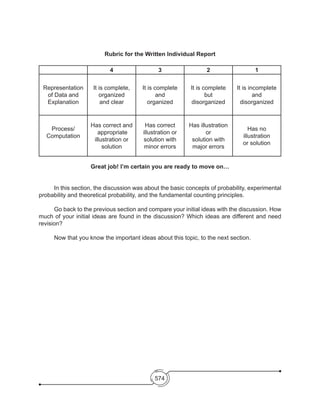 574
Rubric for the Written Individual Report
4 3 2 1
Representation
of Data and
Explanation
It is complete,
organized
and clear
It is complete
and
organized
It is complete
but
disorganized
It is incomplete
and
disorganized
Process/
Computation
Has correct and
appropriate
illustration or
solution
Has correct
illustration or
solution with
minor errors
Has illustration
or
solution with
major errors
Has no
illustration
or solution
Great job! I’m certain you are ready to move on…
	 In this section, the discussion was about the basic concepts of probability, experimental
probability and theoretical probability, and the fundamental counting principles.
	 Go back to the previous section and compare your initial ideas with the discussion. How
much of your initial ideas are found in the discussion? Which ideas are different and need
revision?
	 Now that you know the important ideas about this topic, to the next section.
 