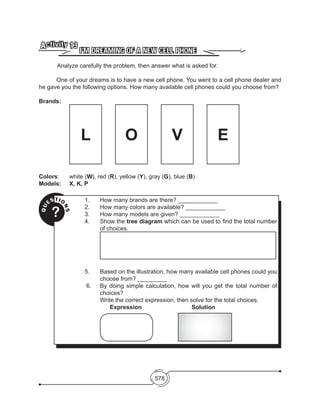 578
I’M DREAMING OF A NEW CELL PHONE
Activity 13
	 Analyze carefully the problem, then answer what is asked for.
One of your dreams is to have a new cell phone. You went to a cell phone dealer and
he gave you the following options. How many available cell phones could you choose from?
Brands:
		
L
	
O
	
V
	
E
Colors: 	 white (W), red (R), yellow (Y), gray (G), blue (B)
Models: 	 X, K, P
1. 	 How many brands are there? ____________
2. 	 How many colors are available? ____________
3. 	 How many models are given? ____________
4. 	 Show the tree diagram which can be used to find the total number
of choices.
	
5. 	 Based on the illustration, how many available cell phones could you
choose from? _________
6. 	 By doing simple calculation, how will you get the total number of
choices?
	 Write the correct expression, then solve for the total choices.
	 Expression				Solution
	 	 	
QU
ESTIO
NS
?
 