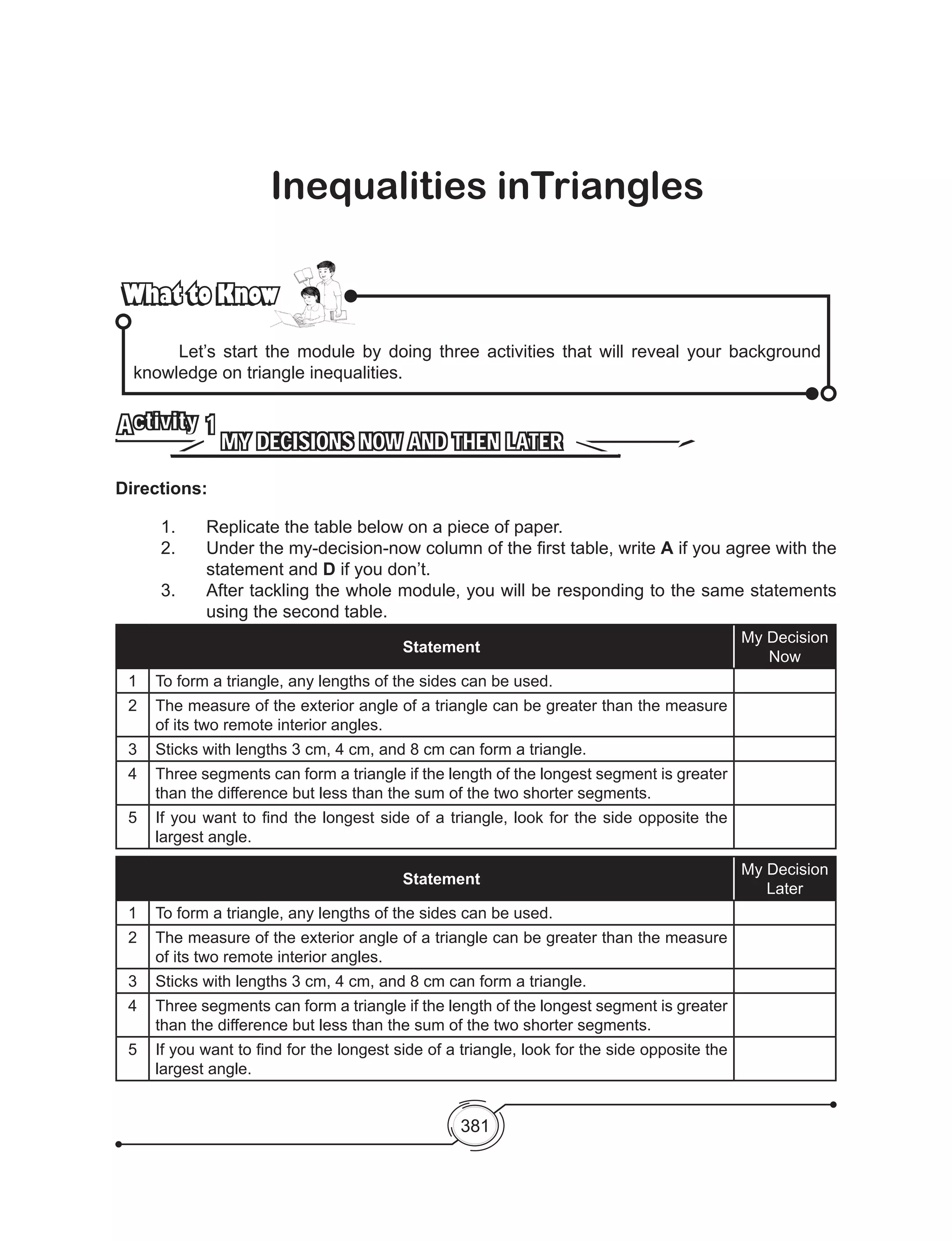 381
Inequalities inTriangles
What to KnowWhat to Know
	 Let’s start the module by doing three activities that will reveal your background
knowledge on triangle inequalities.
MY DECISIONS NOW AND THEN LATER
Activity 1
Directions: 	
1.	 Replicate the table below on a piece of paper.
2. 	 Under the my-decision-now column of the first table, write A if you agree with the
statement and D if you don’t.
3. 	 After tackling the whole module, you will be responding to the same statements
using the second table.
Statement
My Decision
Now
1 To form a triangle, any lengths of the sides can be used.
2 The measure of the exterior angle of a triangle can be greater than the measure
of its two remote interior angles.
3 Sticks with lengths 3 cm, 4 cm, and 8 cm can form a triangle.
4 Three segments can form a triangle if the length of the longest segment is greater
than the difference but less than the sum of the two shorter segments.
5 If you want to find the longest side of a triangle, look for the side opposite the
largest angle.
Statement
My Decision
Later
1 To form a triangle, any lengths of the sides can be used.
2 The measure of the exterior angle of a triangle can be greater than the measure
of its two remote interior angles.
3 Sticks with lengths 3 cm, 4 cm, and 8 cm can form a triangle.
4 Three segments can form a triangle if the length of the longest segment is greater
than the difference but less than the sum of the two shorter segments.
5 If you want to find for the longest side of a triangle, look for the side opposite the
largest angle.
 