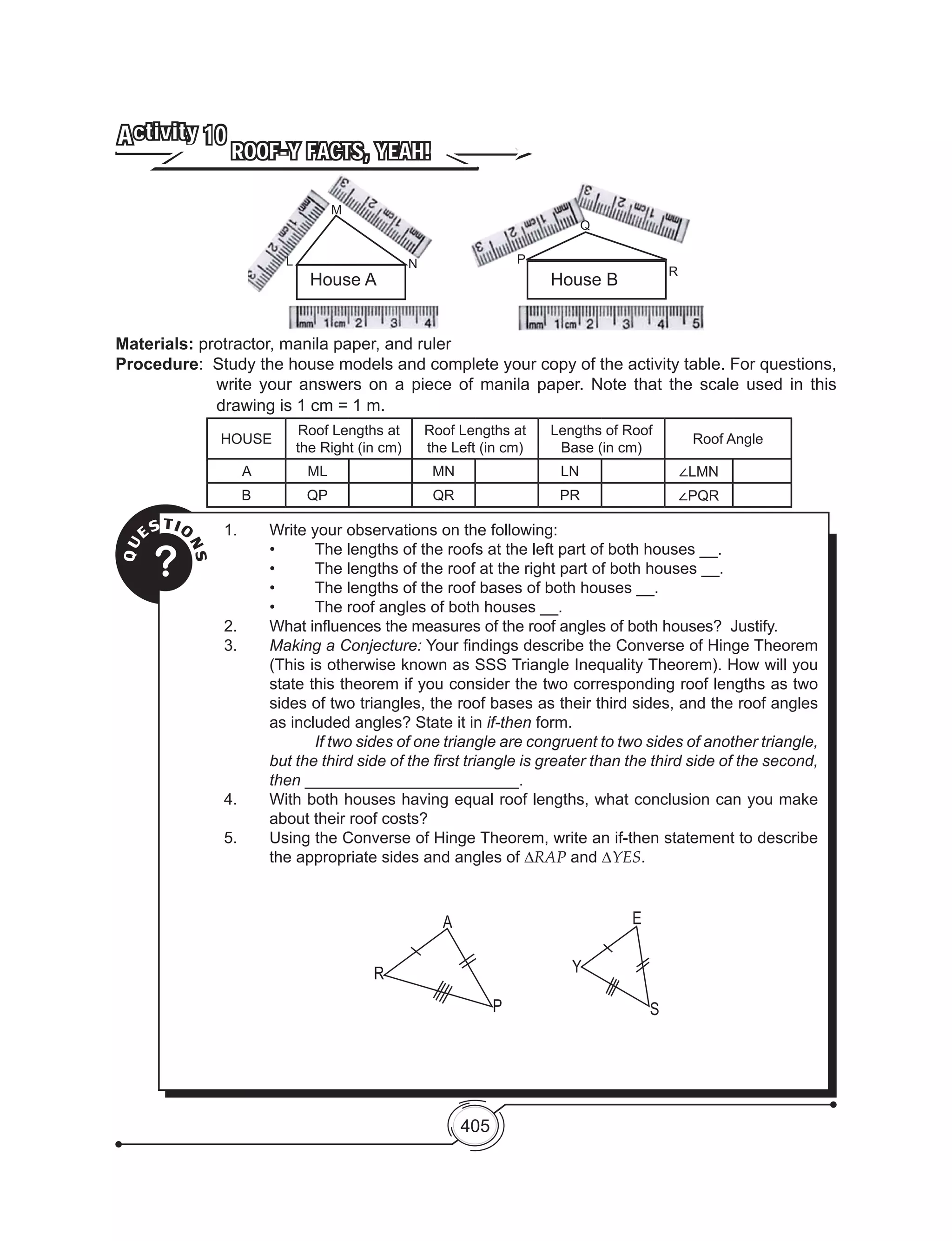 405
ROOF-Y FACTS, YEAH!
Activity 10
Materials: protractor, manila paper, and ruler
Procedure:  Study the house models and complete your copy of the activity table. For questions,
write your answers on a piece of manila paper. Note that the scale used in this
drawing is 1 cm = 1 m.
HOUSE
Roof Lengths at
the Right (in cm)
Roof Lengths at
the Left (in cm)
Lengths of Roof
Base (in cm)
Roof Angle
A ML MN LN ∠LMN
B QP QR PR ∠PQR
QU
ESTIO
NS
?
1.	 Write your observations on the following:
	 •	 The lengths of the roofs at the left part of both houses __.
	 •	 The lengths of the roof at the right part of both houses __.
	 •	 The lengths of the roof bases of both houses __.
	 •	 The roof angles of both houses __.
2.	 What influences the measures of the roof angles of both houses?  Justify.
3.	 Making a Conjecture: Your findings describe the Converse of Hinge Theorem
(This is otherwise known as SSS Triangle Inequality Theorem). How will you
state this theorem if you consider the two corresponding roof lengths as two
sides of two triangles, the roof bases as their third sides, and the roof angles
as included angles? State it in if-then form.
		If two sides of one triangle are congruent to two sides of another triangle,
but the third side of the first triangle is greater than the third side of the second,
then ________________________.
4.	 With both houses having equal roof lengths, what conclusion can you make
about their roof costs?
5.	 Using the Converse of Hinge Theorem, write an if-then statement to describe
the appropriate sides and angles of ∆RAP and ∆YES.
L
M
N P
Q
R
House A House B
A
R
P
Y
E
S
 