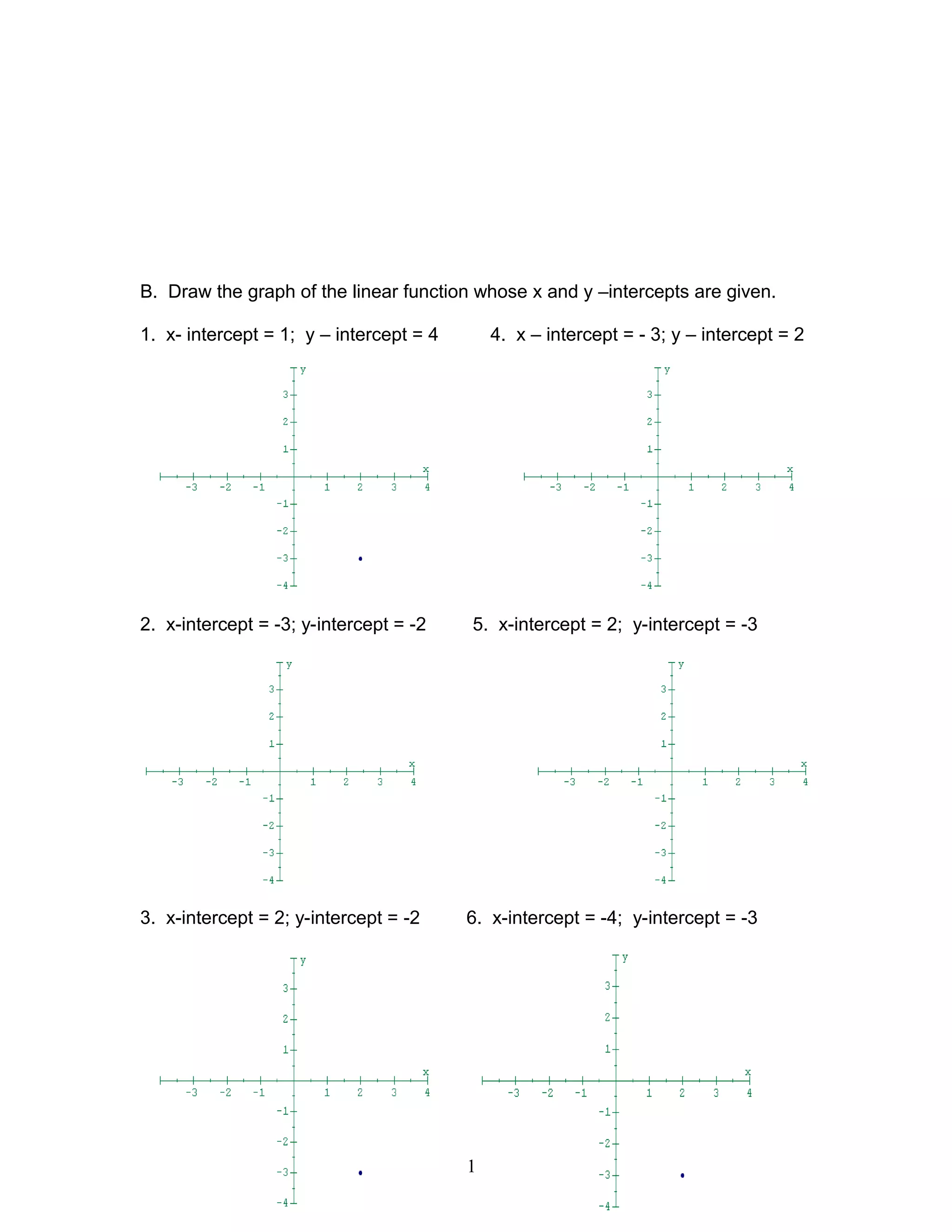 B. Draw the graph of the linear function whose x and y –intercepts are given.
1. x- intercept = 1; y – intercept = 4 4. x – intercept = - 3; y – intercept = 2
2. x-intercept = -3; y-intercept = -2 5. x-intercept = 2; y-intercept = -3
3. x-intercept = 2; y-intercept = -2 6. x-intercept = -4; y-intercept = -3
10
 