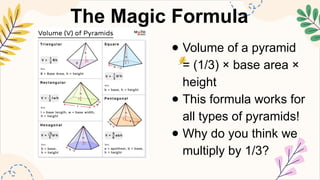 Science Formula Pyramids MATHEMATICS8 Q2 6. solve problems involving volume of pyramids.pptx
