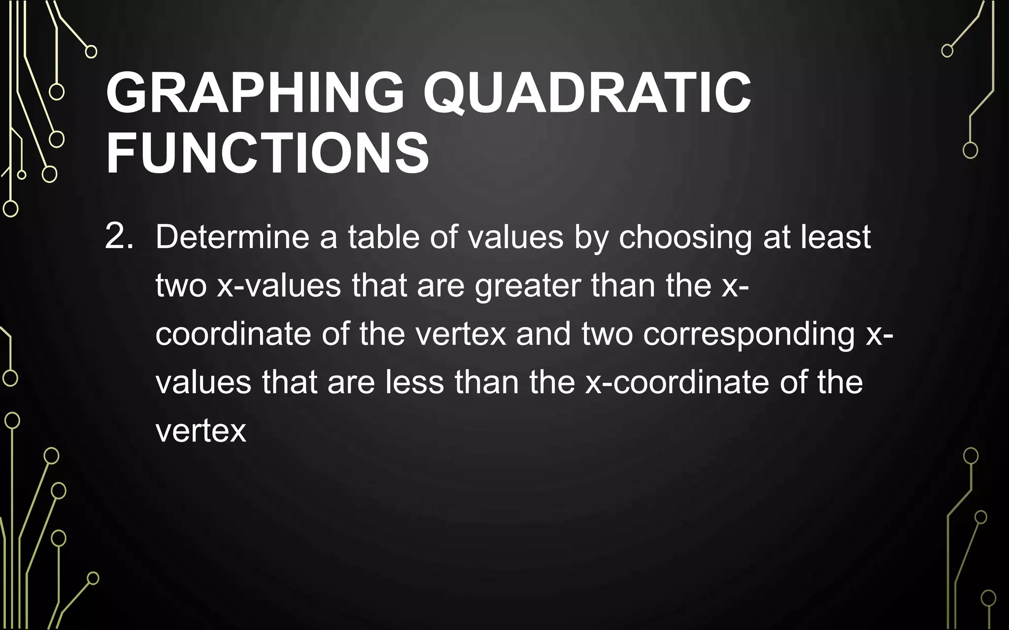 GRAPHING QUADRATIC
FUNCTIONS
2. Determine a table of values by choosing at least
two x-values that are greater than the x-
coordinate of the vertex and two corresponding x-
values that are less than the x-coordinate of the
vertex