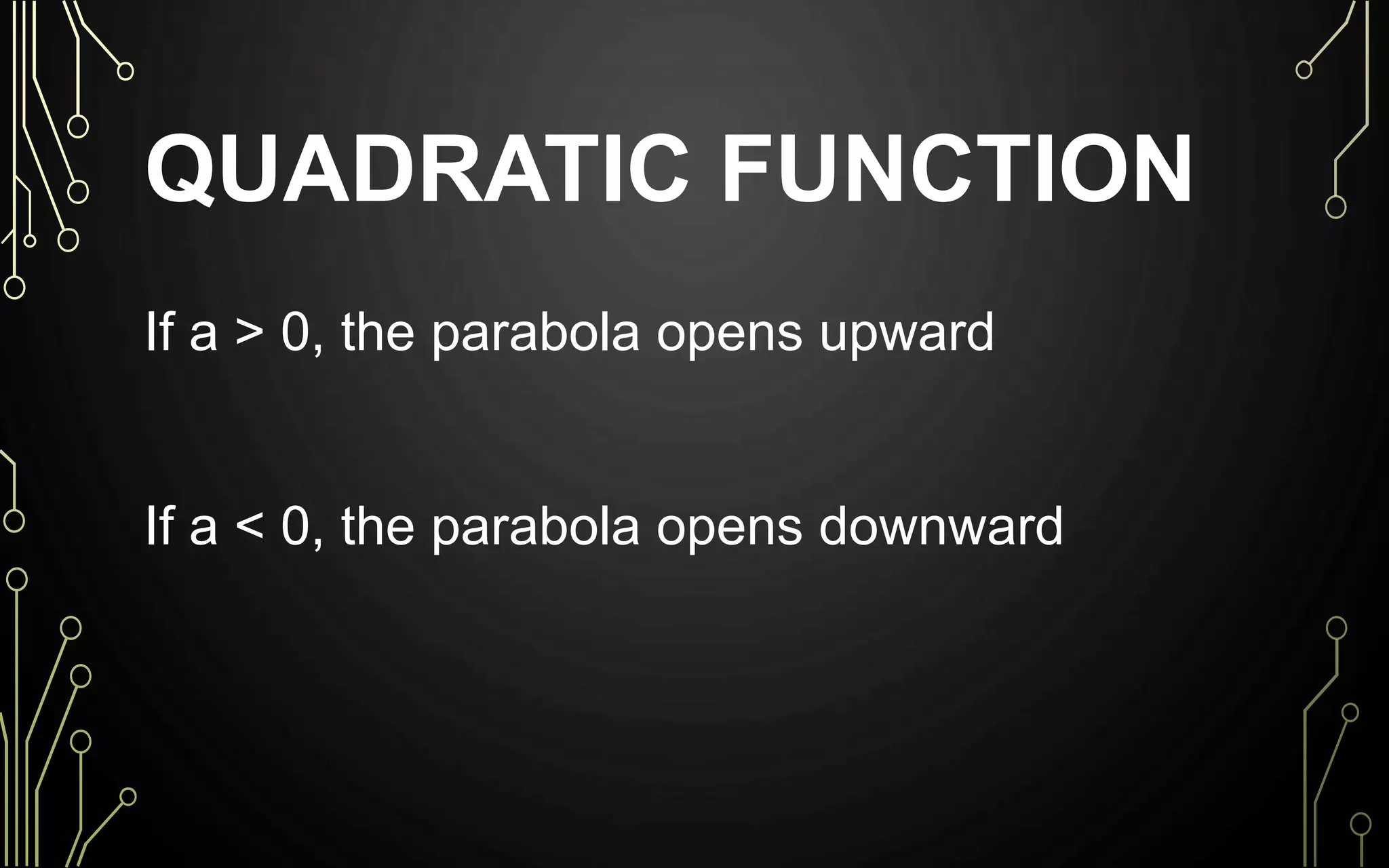 QUADRATIC FUNCTION
If a > 0, the parabola opens upward
If a < 0, the parabola opens downward